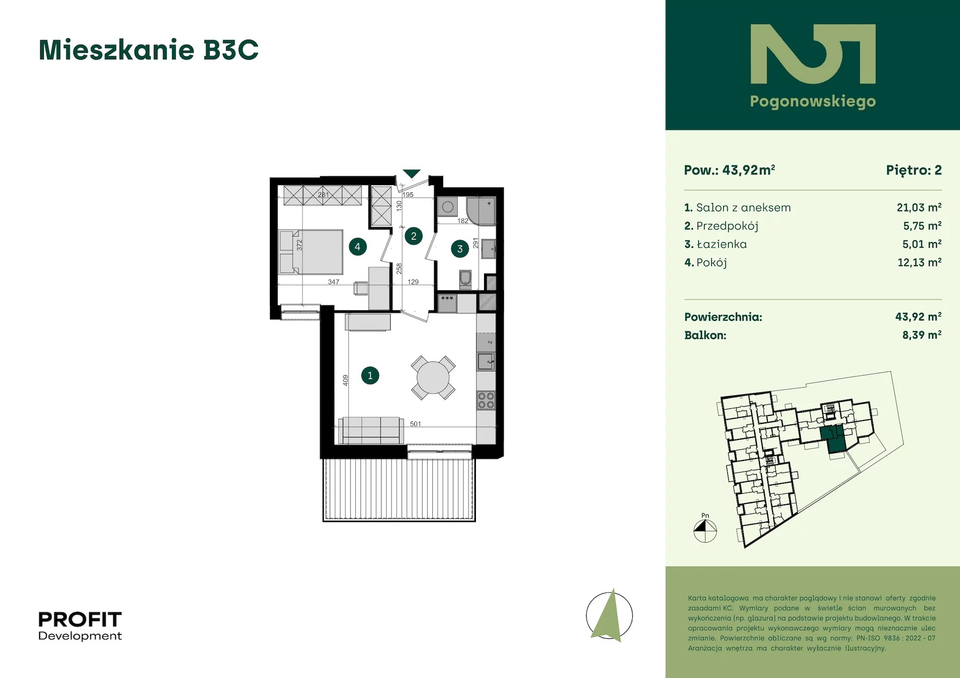 2 pokoje, mieszkanie 43,92 m², piętro 2, oferta nr POGO2/B/3C, Pogonowskiego 52, Łódź, Polesie, Stare Polesie, ul. Pogonowskiego 52