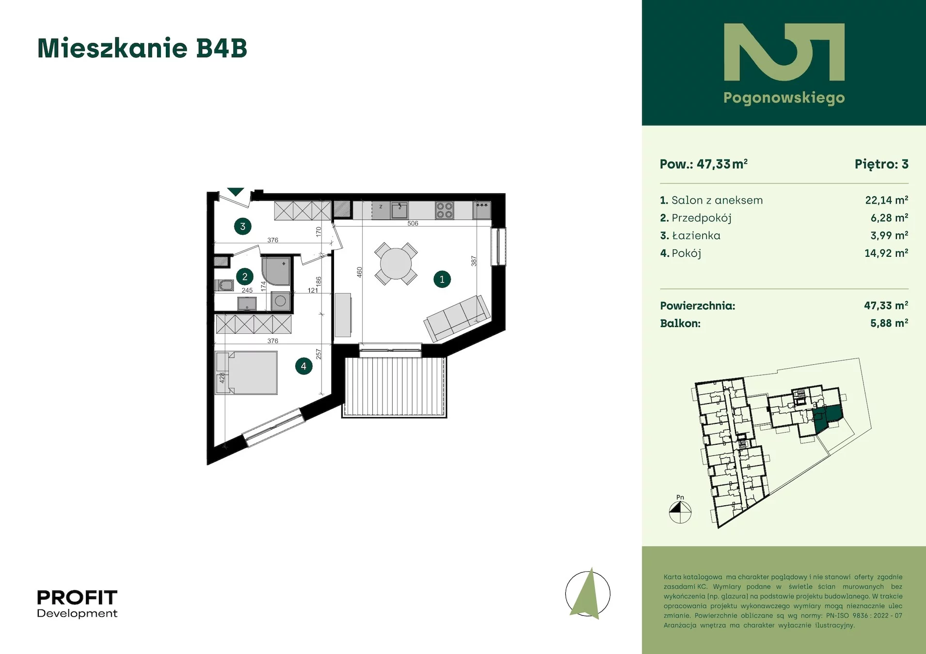 2 pokoje, mieszkanie 47,33 m², piętro 3, oferta nr POGO2/B/4B, Pogonowskiego 52, Łódź, Polesie, Stare Polesie, ul. Pogonowskiego 52