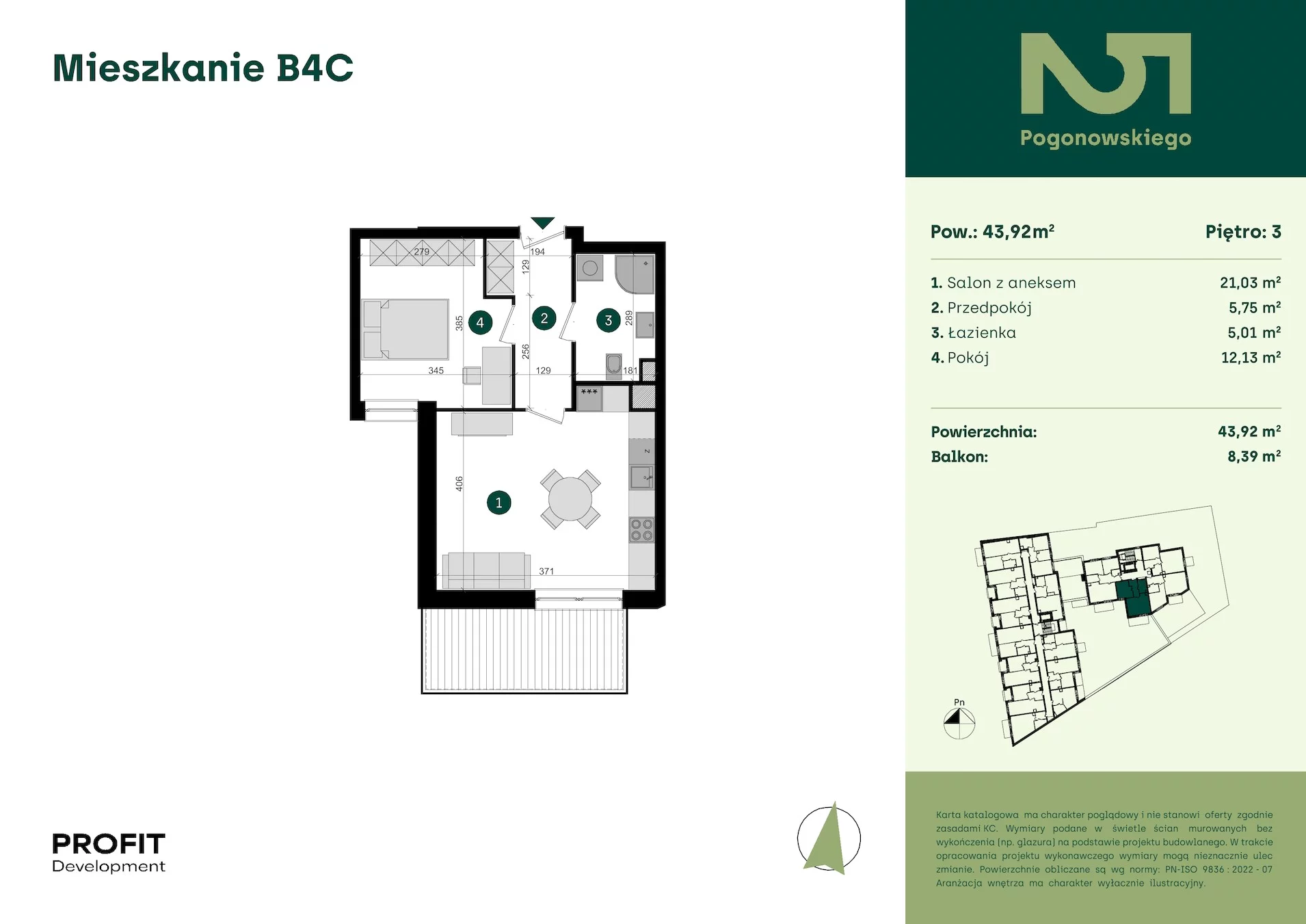 2 pokoje, mieszkanie 43,92 m², piętro 3, oferta nr POGO2/B/4C, Pogonowskiego 52, Łódź, Polesie, Stare Polesie, ul. Pogonowskiego 52