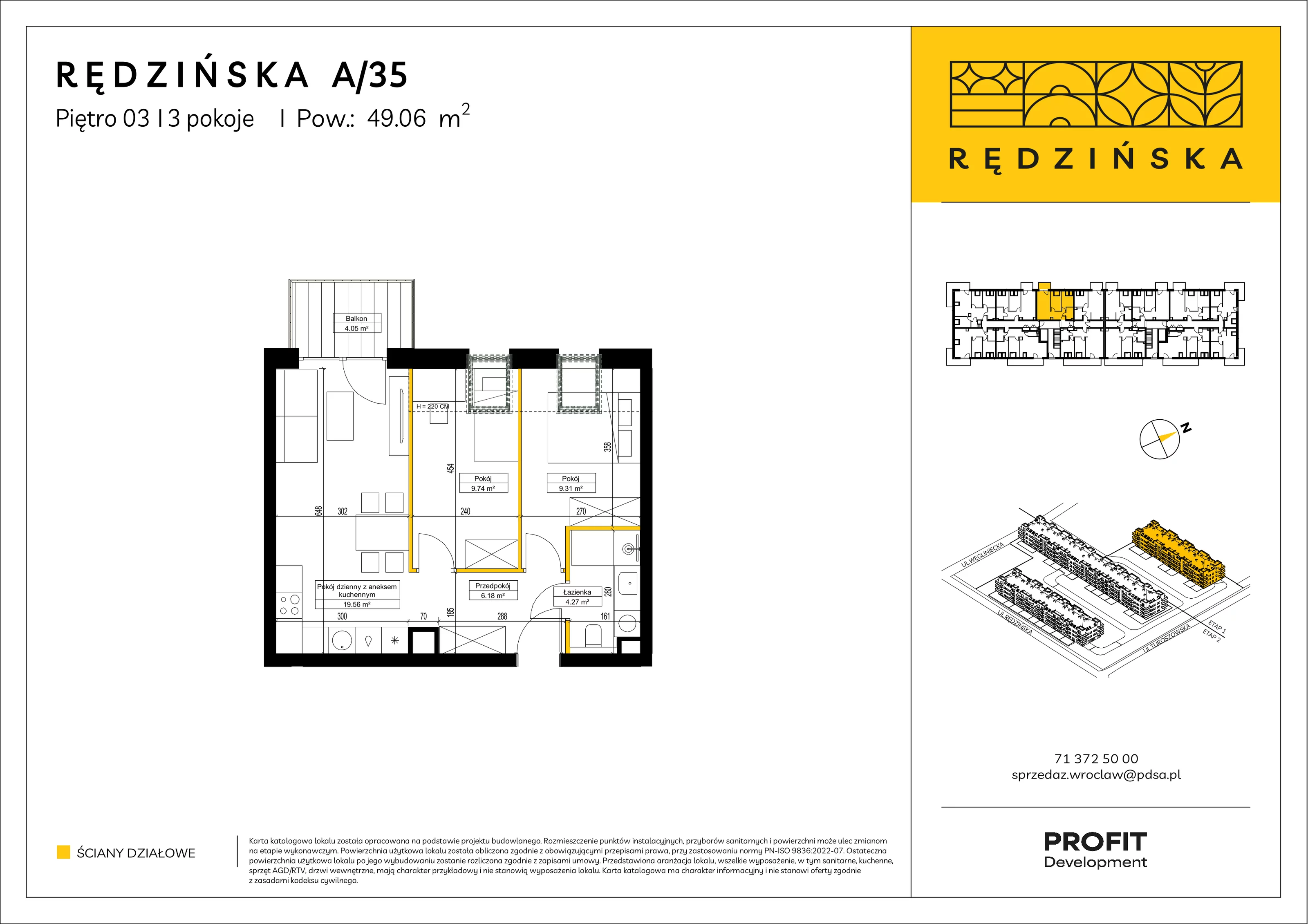 3 pokoje, mieszkanie 49,06 m², piętro 3, oferta nr RD4A/A/35, Rędzińska 4, Wrocław, Maślice, ul. Rędzińska