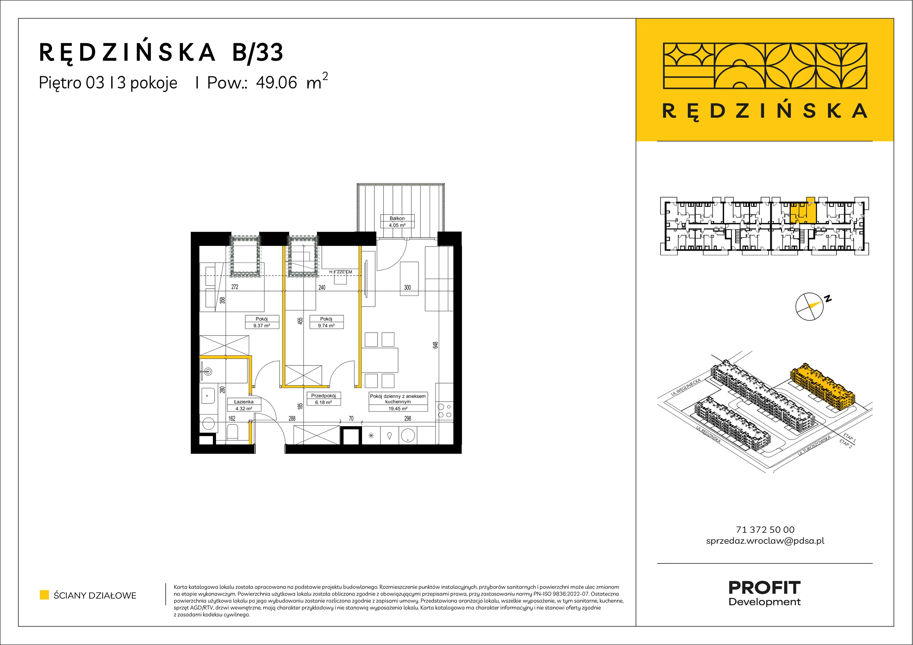 3 pokoje, mieszkanie 49,06 m², piętro 3, oferta nr RD4A/B/33, Rędzińska 4, Wrocław, Maślice, ul. Rędzińska
