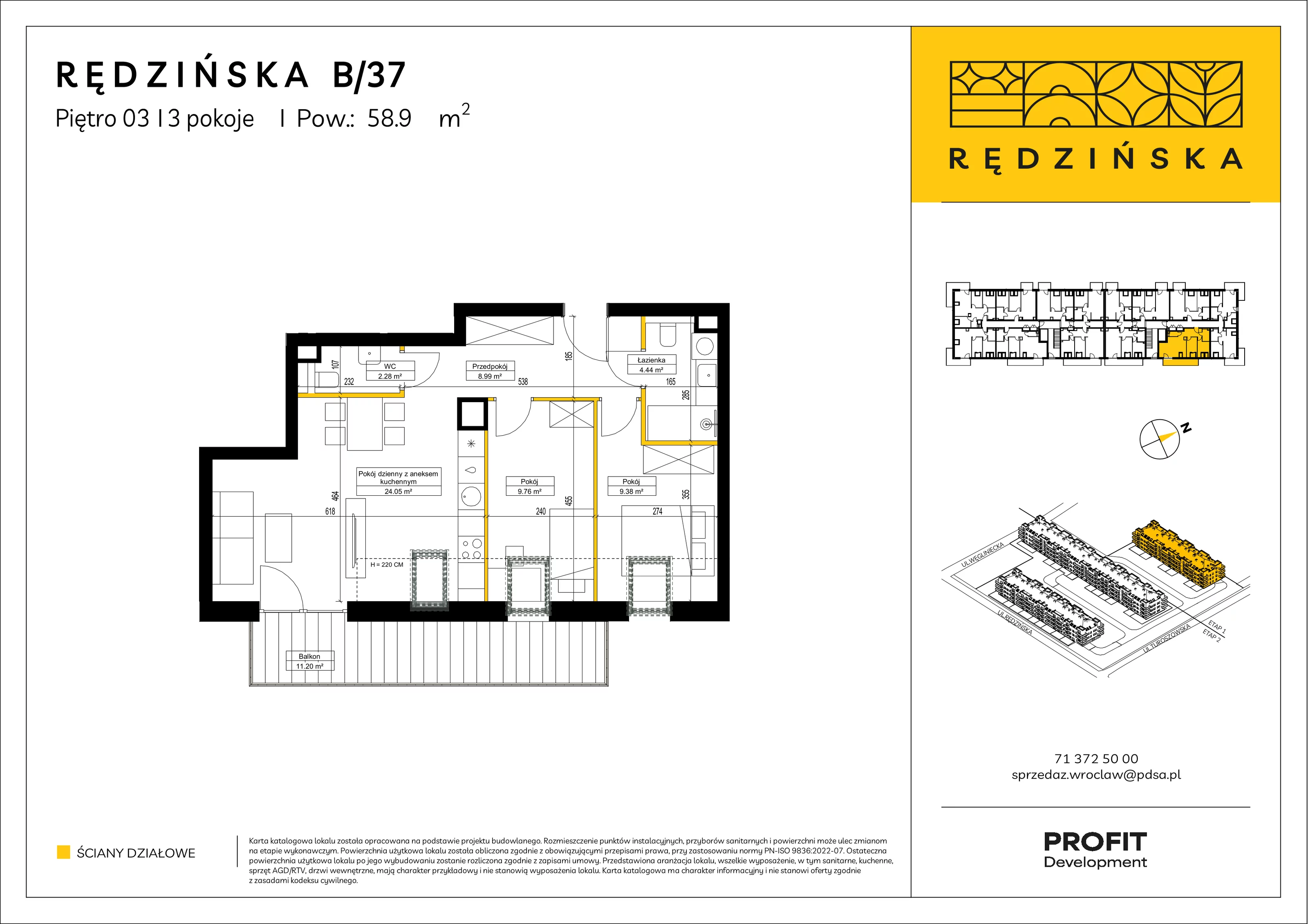 3 pokoje, mieszkanie 58,90 m², piętro 3, oferta nr RD4A/B/37, Rędzińska 4, Wrocław, Maślice, ul. Rędzińska