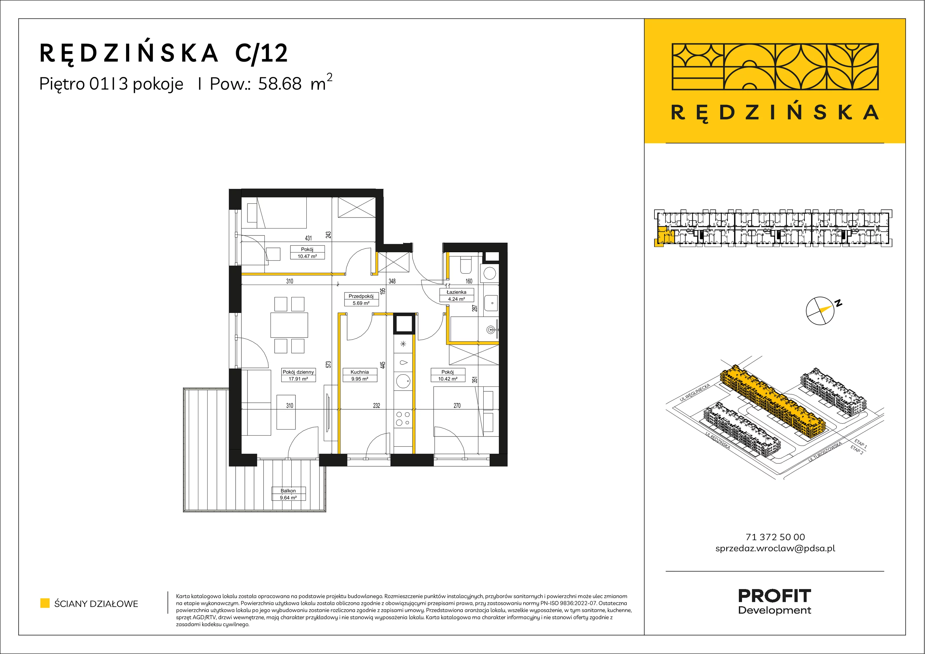 3 pokoje, mieszkanie 58,68 m², piętro 1, oferta nr RD4B/C/12, Rędzińska 4, Wrocław, Maślice, ul. Rędzińska
