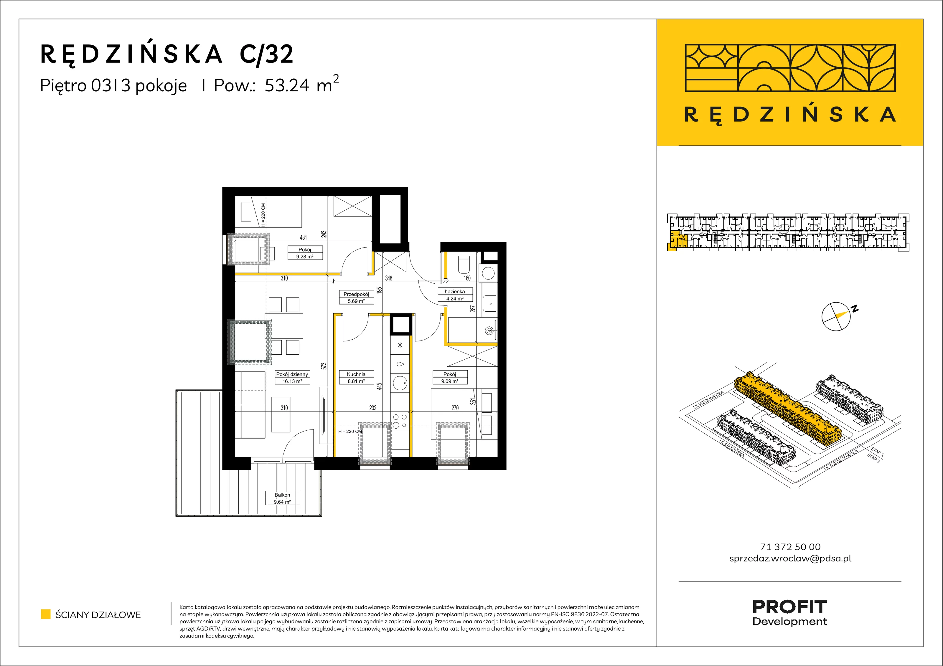 3 pokoje, mieszkanie 53,24 m², piętro 3, oferta nr RD4B/C/32, Rędzińska 4, Wrocław, Maślice, ul. Rędzińska