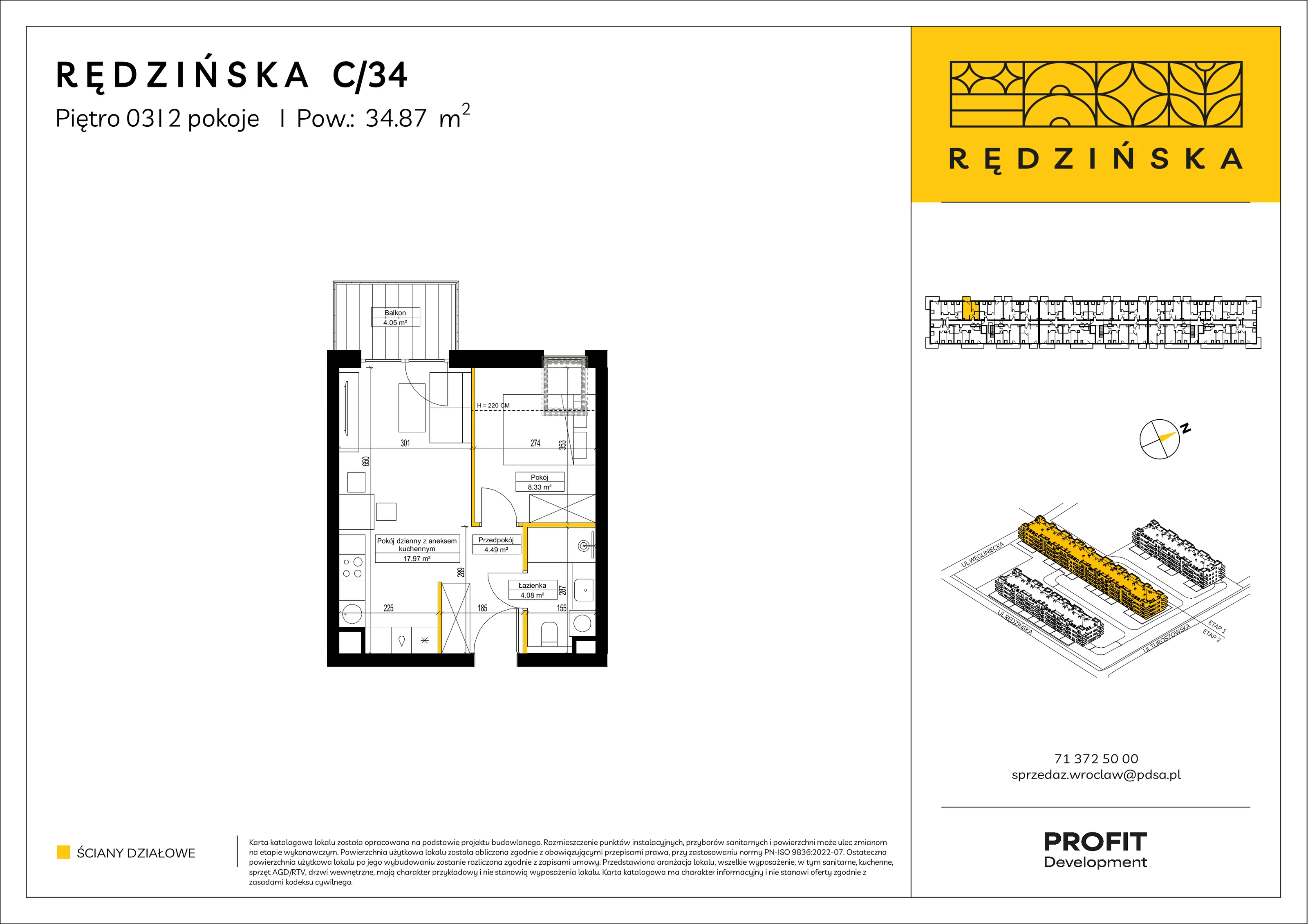 2 pokoje, mieszkanie 34,87 m², piętro 3, oferta nr RD4B/C/34, Rędzińska 4, Wrocław, Maślice, ul. Rędzińska