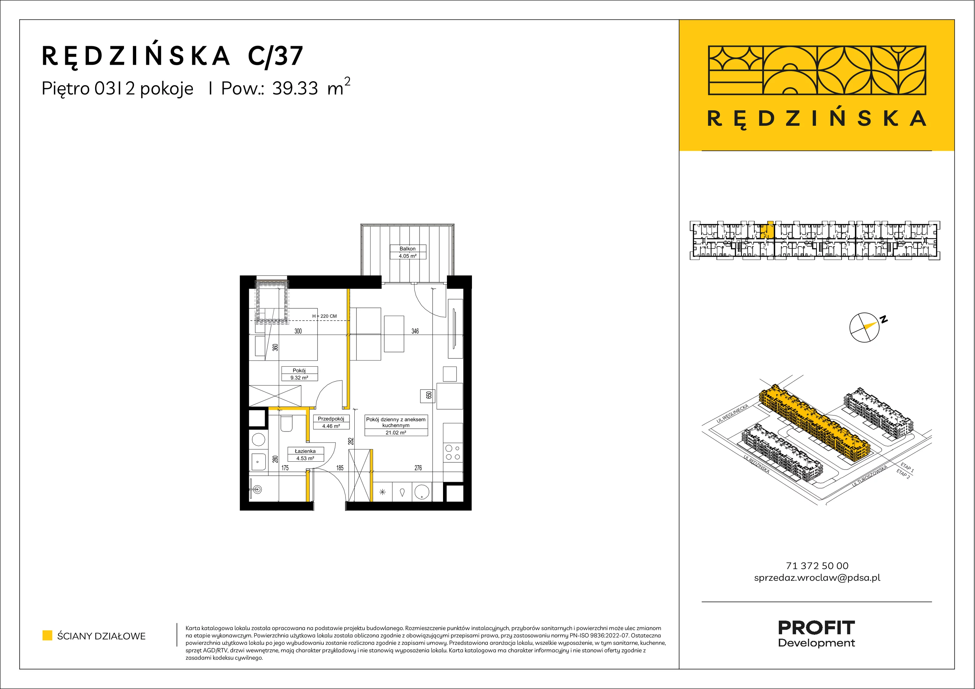 2 pokoje, mieszkanie 39,33 m², piętro 3, oferta nr RD4B/C/37, Rędzińska 4, Wrocław, Maślice, ul. Rędzińska