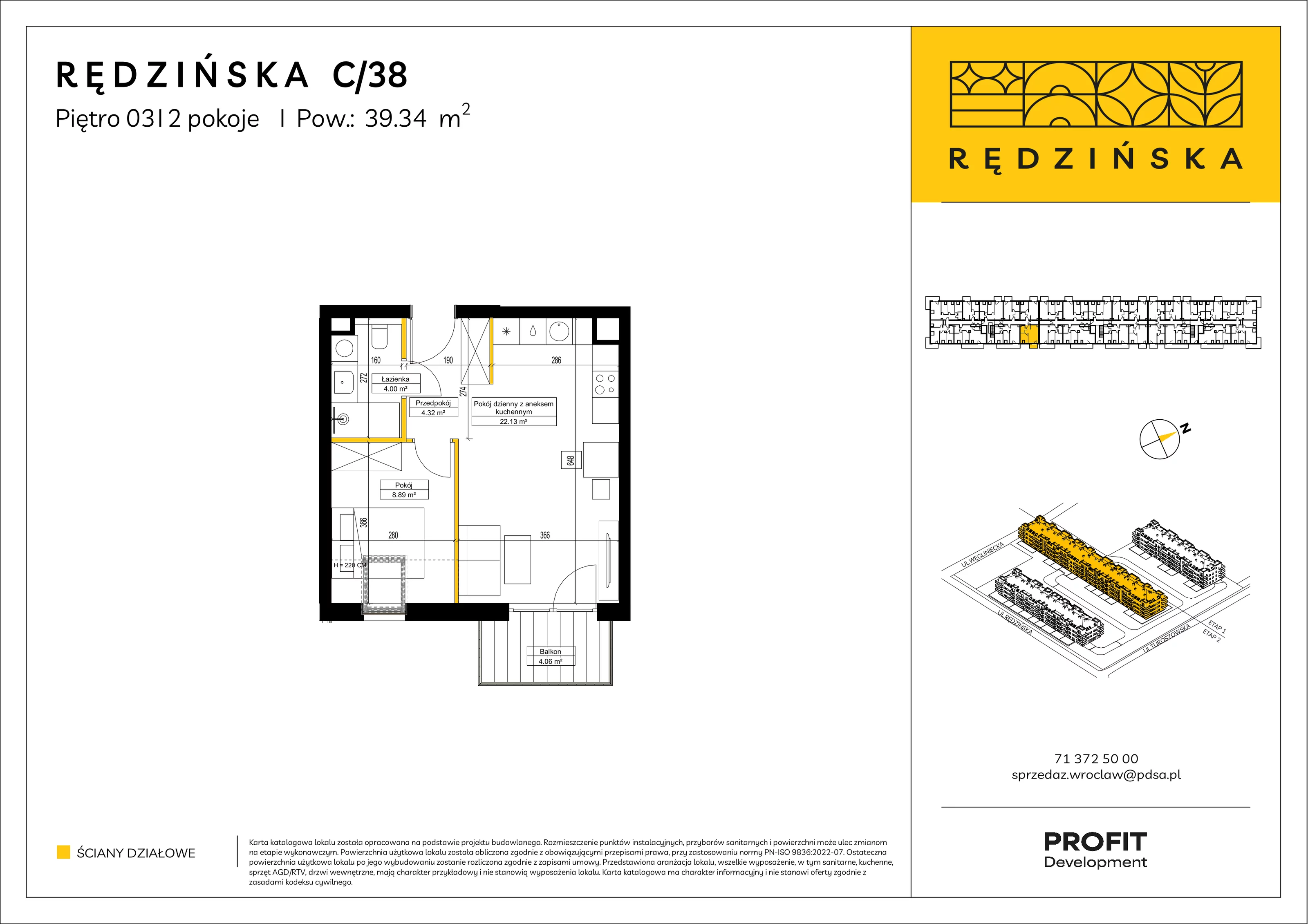2 pokoje, mieszkanie 39,34 m², piętro 3, oferta nr RD4B/C/38, Rędzińska 4, Wrocław, Maślice, ul. Rędzińska
