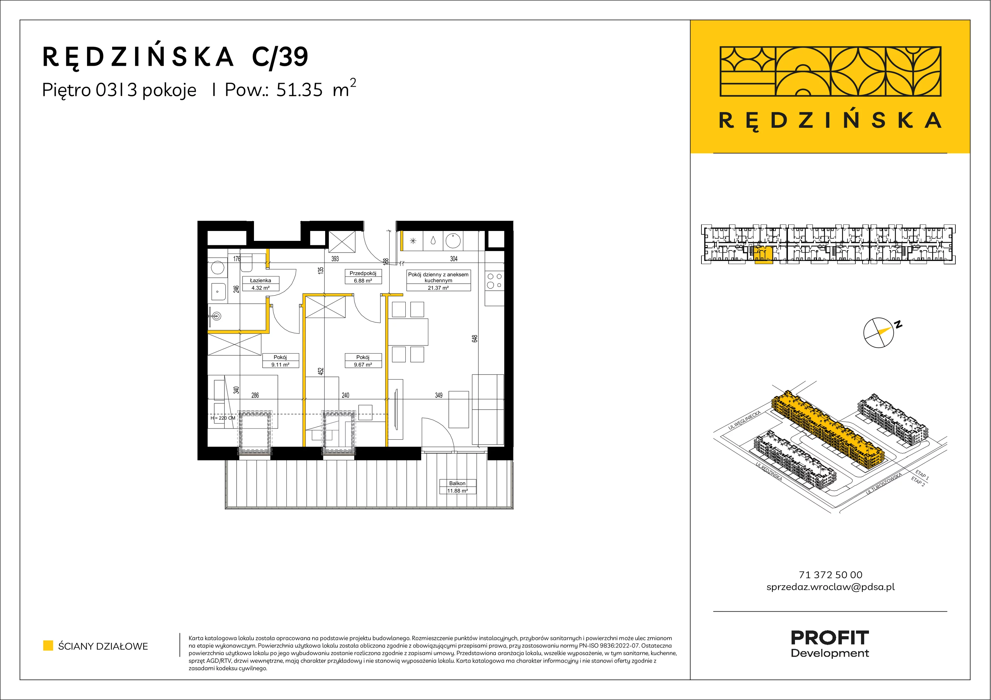 3 pokoje, mieszkanie 51,35 m², piętro 3, oferta nr RD4B/C/39, Rędzińska 4, Wrocław, Maślice, ul. Rędzińska
