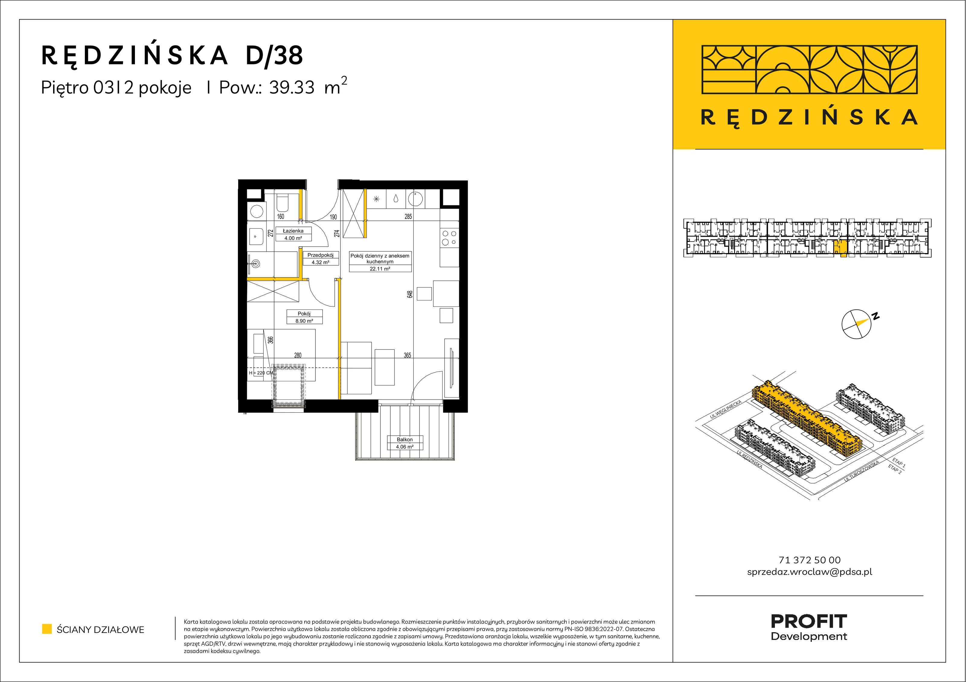 2 pokoje, mieszkanie 39,33 m², piętro 3, oferta nr RD4B/D/38, Rędzińska 4, Wrocław, Maślice, ul. Rędzińska