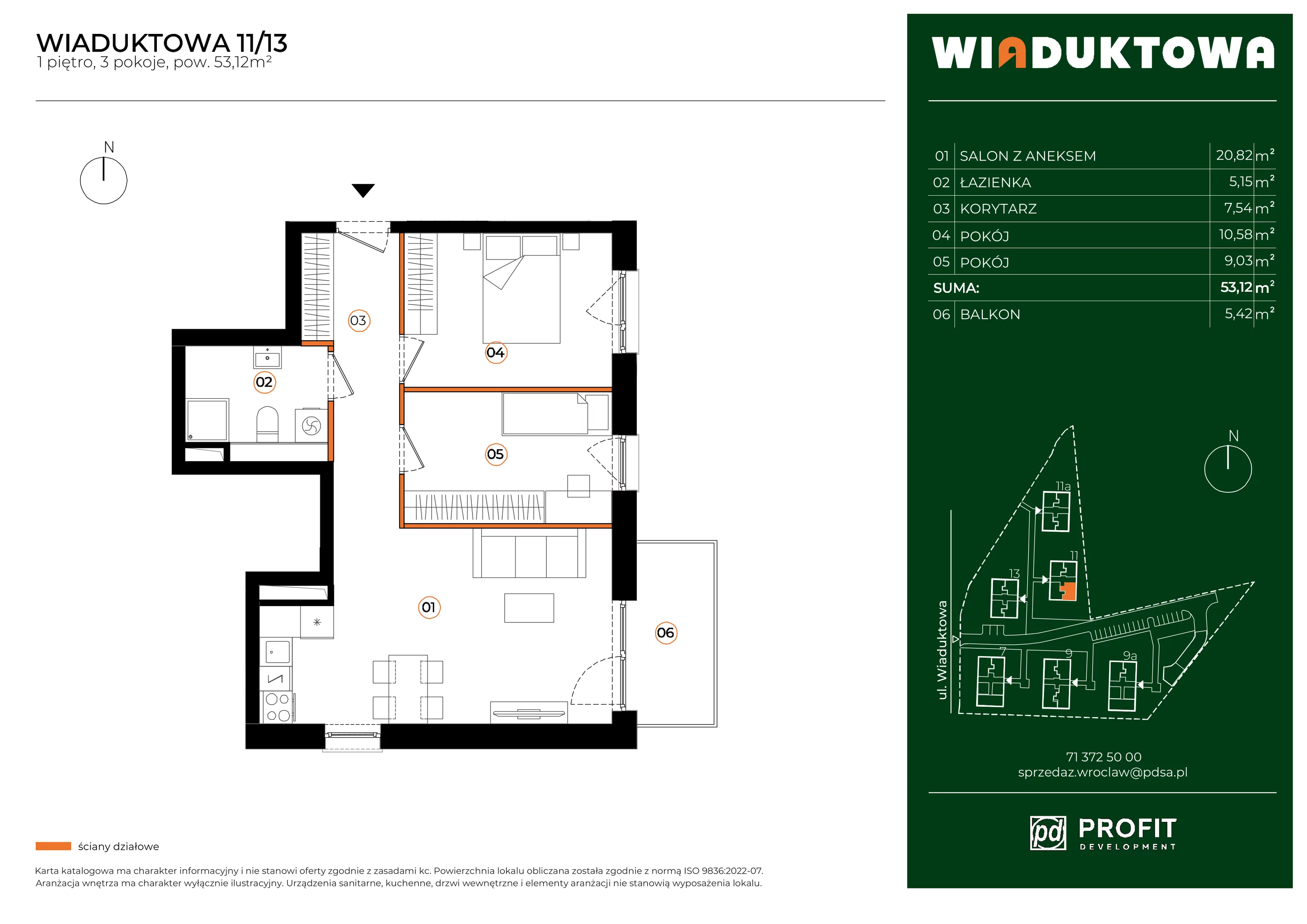 3 pokoje, mieszkanie 53,12 m², piętro 1, oferta nr WI/11/13, Wiaduktowa, Wrocław, Krzyki-Partynice, Krzyki, ul. Wiaduktowa