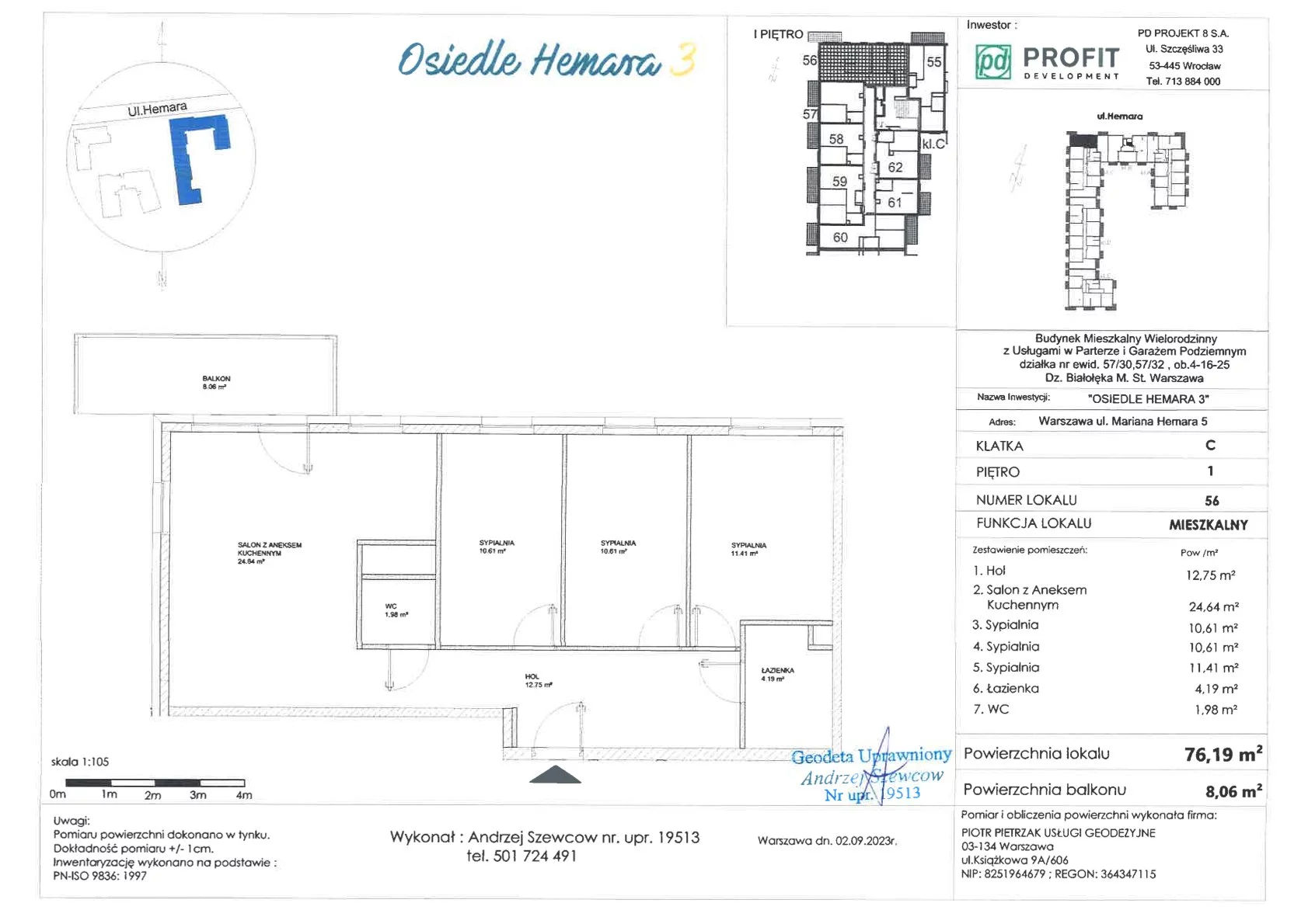 Mieszkanie 76,18 m², piętro 1, oferta nr 56, Osiedle Hemara 3, Warszawa, Białołęka, Brzeziny, ul. Mariana Hemara