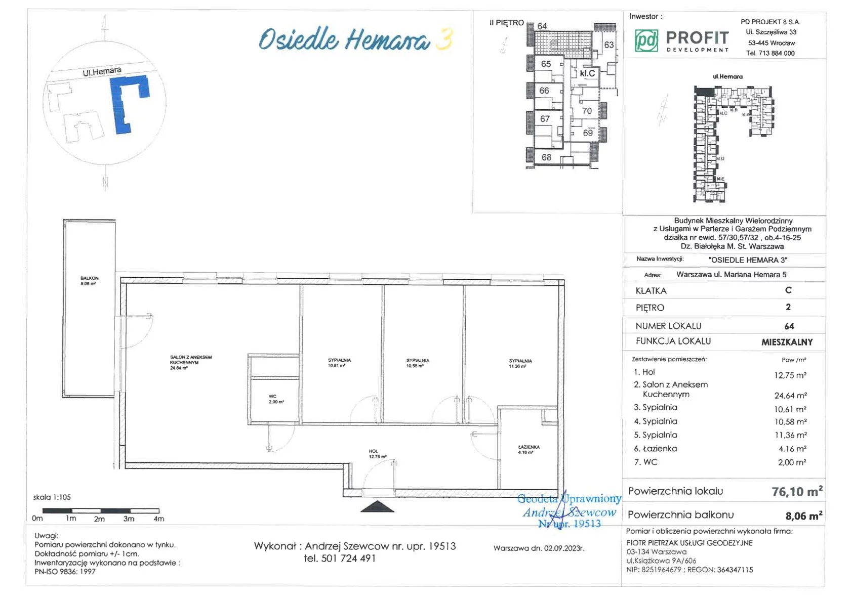 Mieszkanie 76,12 m², piętro 2, oferta nr 64, Osiedle Hemara 3, Warszawa, Białołęka, Brzeziny, ul. Mariana Hemara