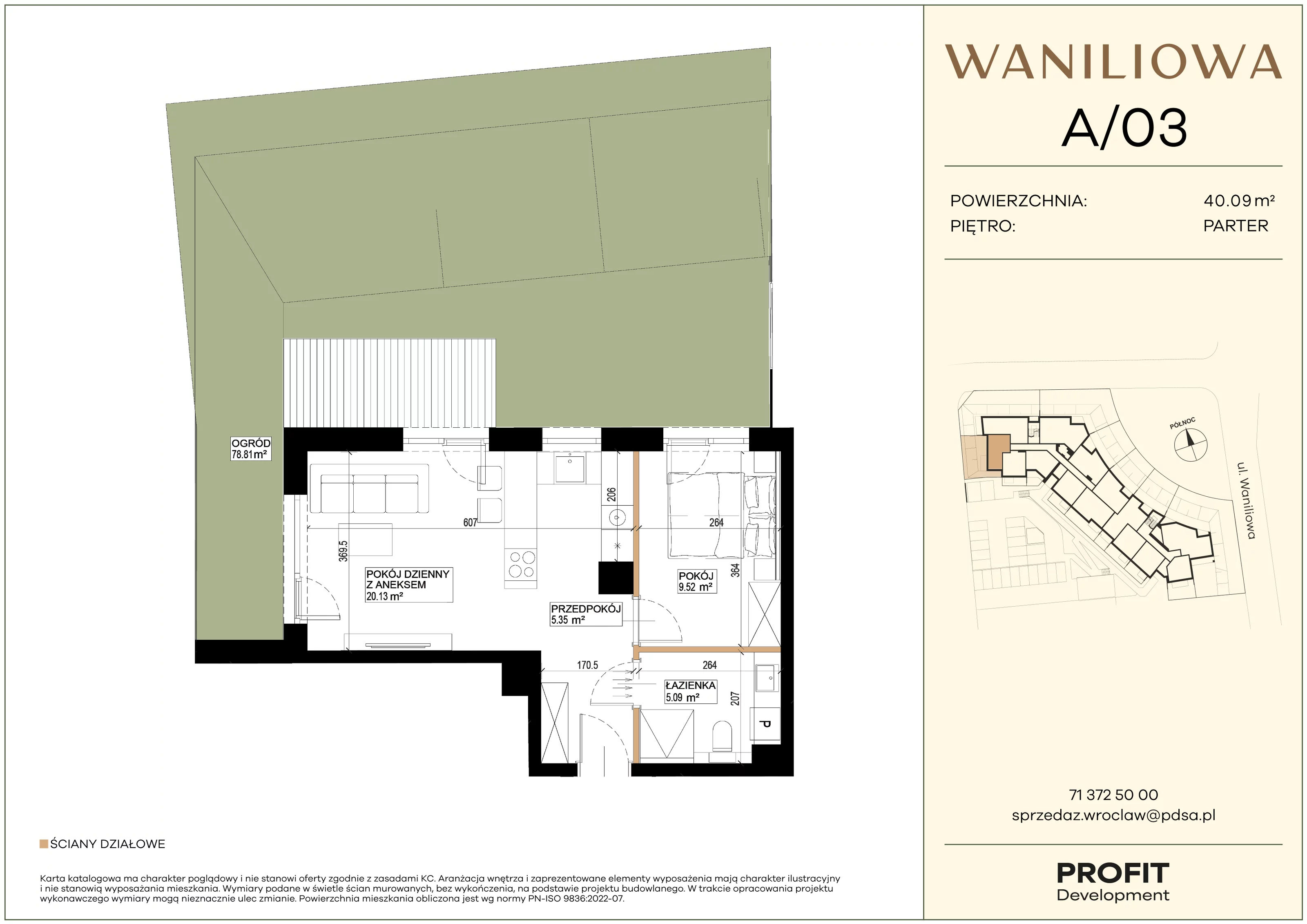 2 pokoje, mieszkanie 40,09 m², parter, oferta nr WA2/A/03, Waniliowa, Wrocław, Lipa Piotrowska, Psie Pole, ul. Waniliowa