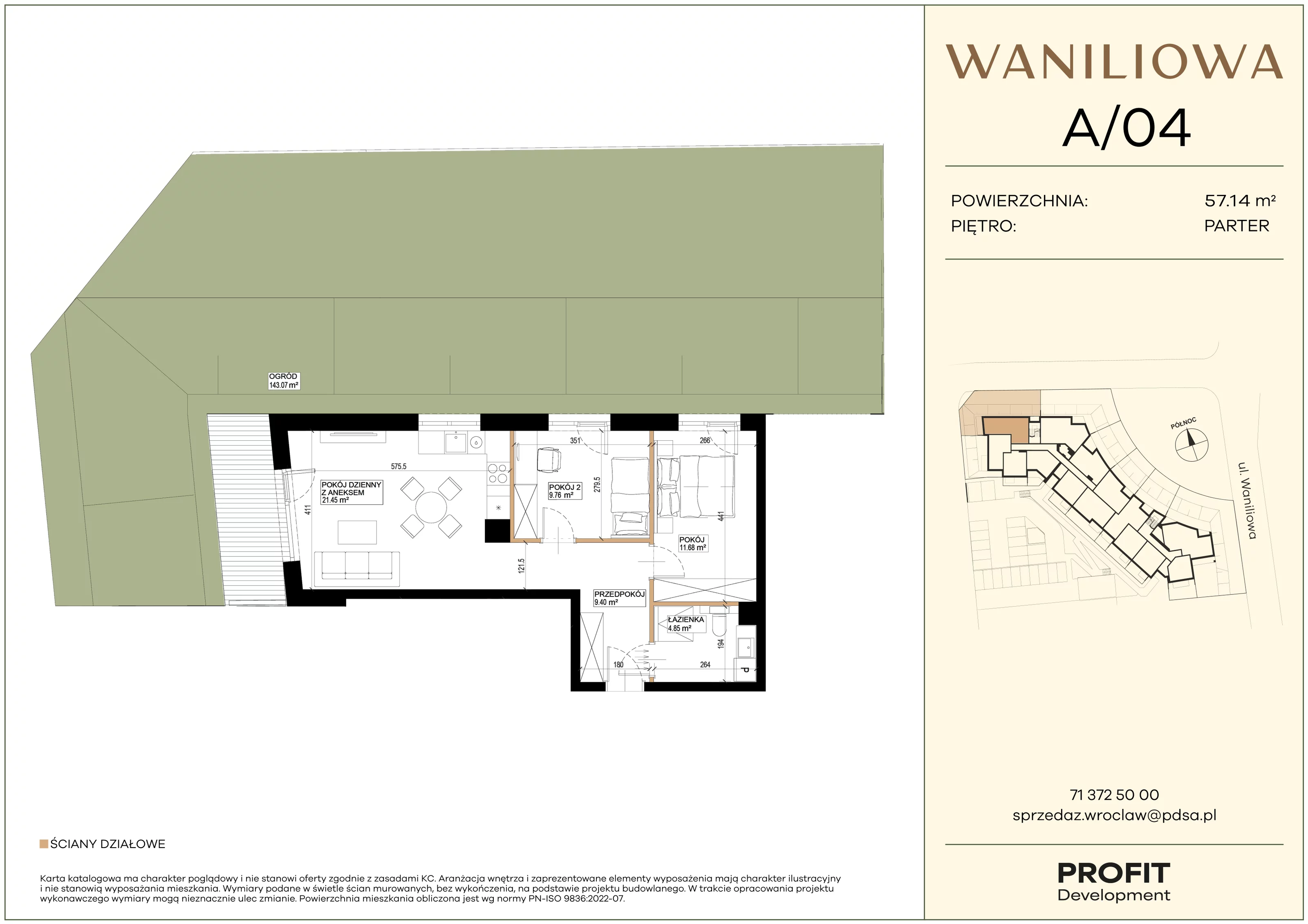 3 pokoje, mieszkanie 57,14 m², parter, oferta nr WA2/A/04, Waniliowa, Wrocław, Lipa Piotrowska, Psie Pole, ul. Waniliowa