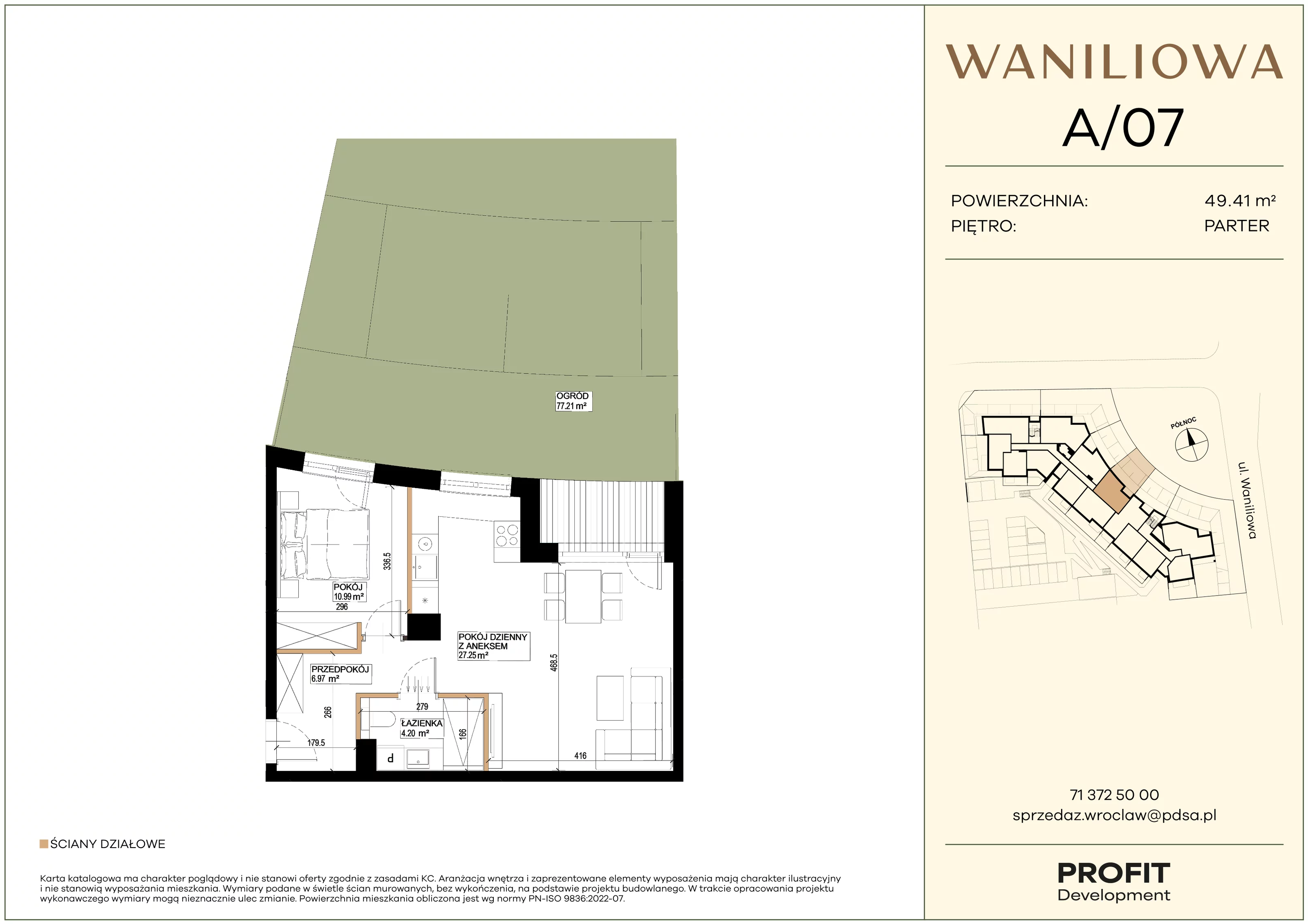 2 pokoje, mieszkanie 49,41 m², parter, oferta nr WA2/A/07, Waniliowa, Wrocław, Lipa Piotrowska, Psie Pole, ul. Waniliowa