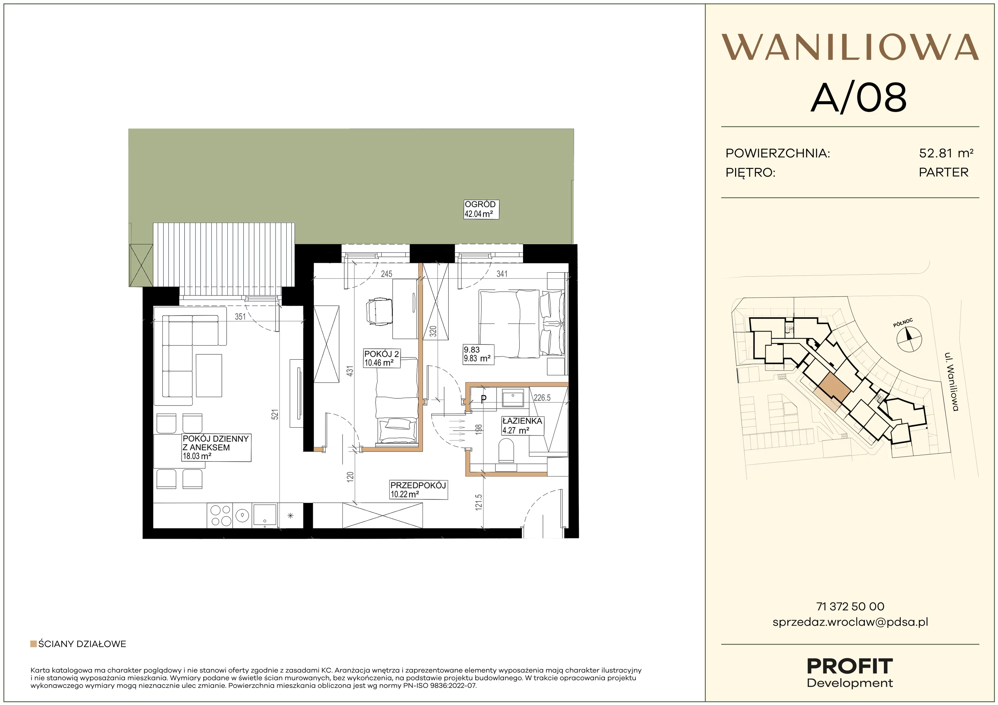 3 pokoje, mieszkanie 52,81 m², parter, oferta nr WA2/A/08, Waniliowa, Wrocław, Lipa Piotrowska, Psie Pole, ul. Waniliowa