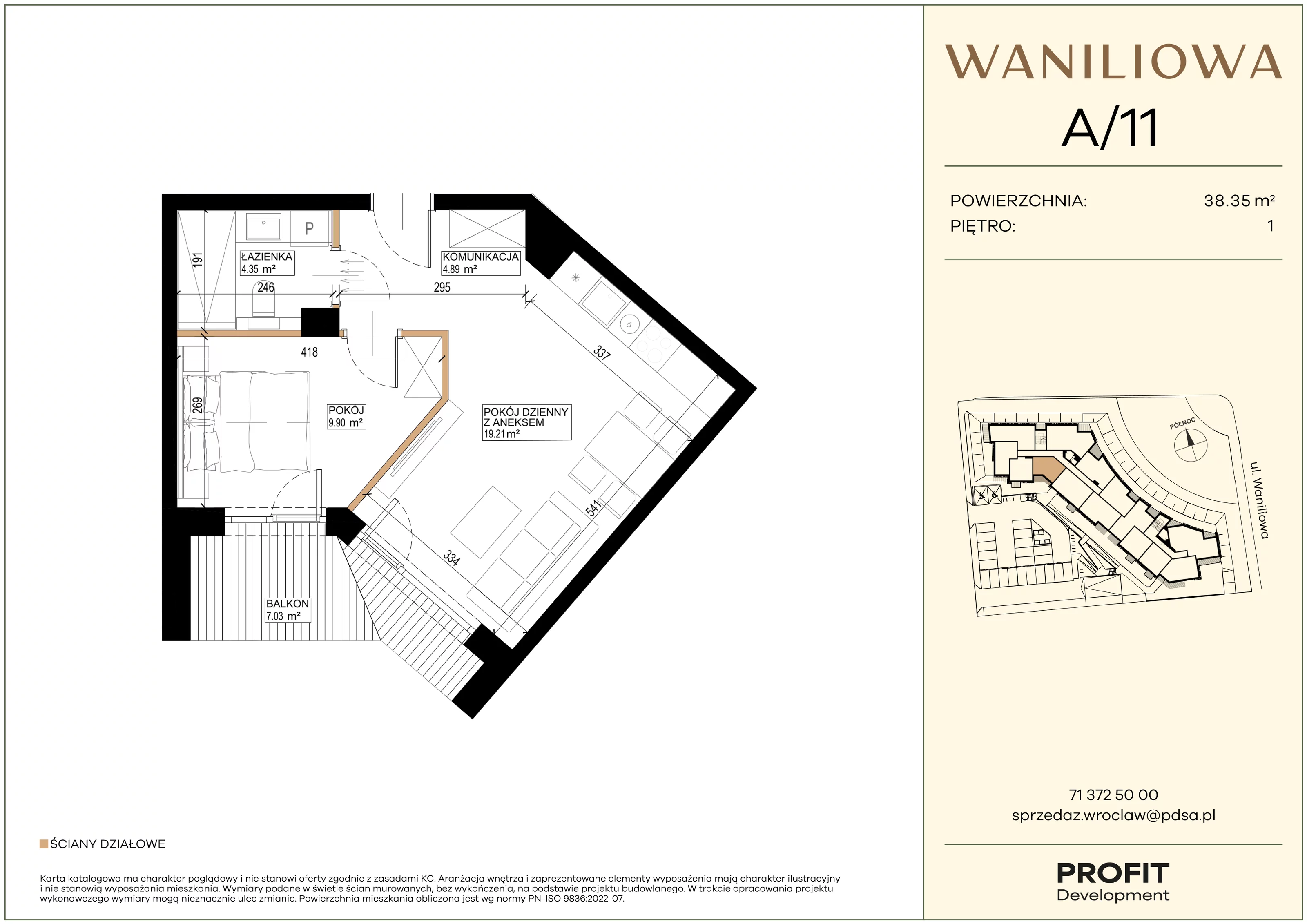 2 pokoje, mieszkanie 38,35 m², piętro 1, oferta nr WA2/A/11, Waniliowa, Wrocław, Lipa Piotrowska, Psie Pole, ul. Waniliowa