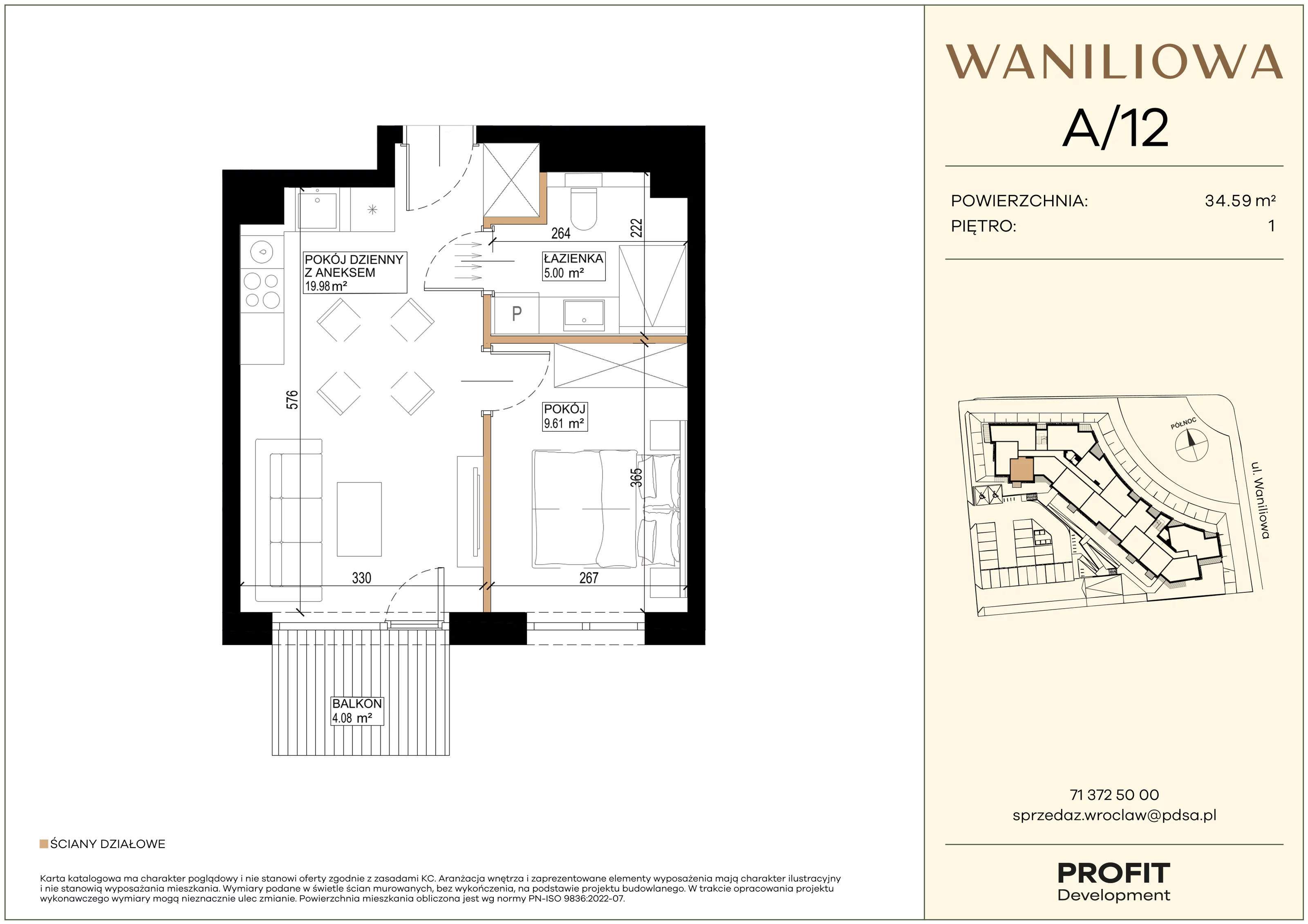 2 pokoje, mieszkanie 34,59 m², piętro 1, oferta nr WA2/A/12, Waniliowa, Wrocław, Lipa Piotrowska, Psie Pole, ul. Waniliowa