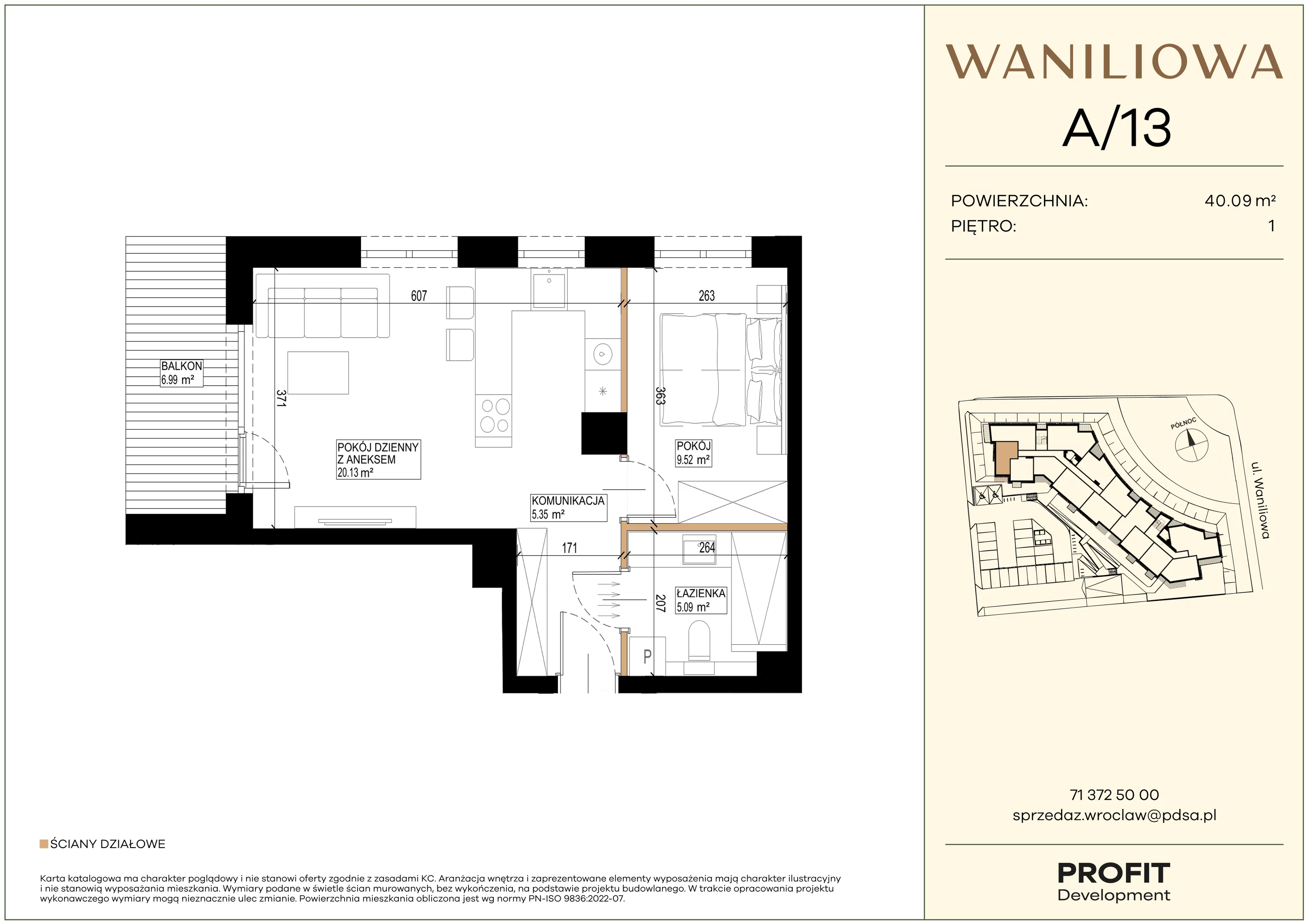 2 pokoje, mieszkanie 40,09 m², piętro 1, oferta nr WA2/A/13, Waniliowa, Wrocław, Lipa Piotrowska, Psie Pole, ul. Waniliowa