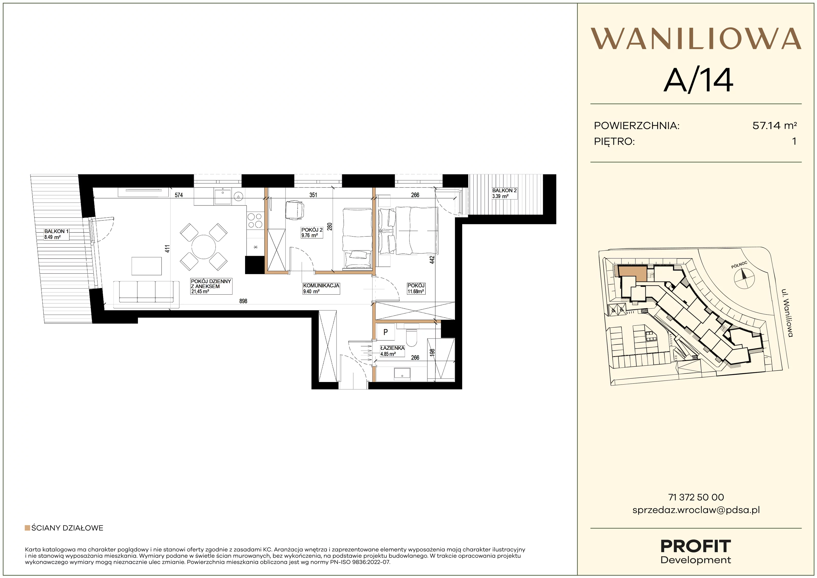 3 pokoje, mieszkanie 57,14 m², piętro 1, oferta nr WA2/A/14, Waniliowa, Wrocław, Lipa Piotrowska, Psie Pole, ul. Waniliowa