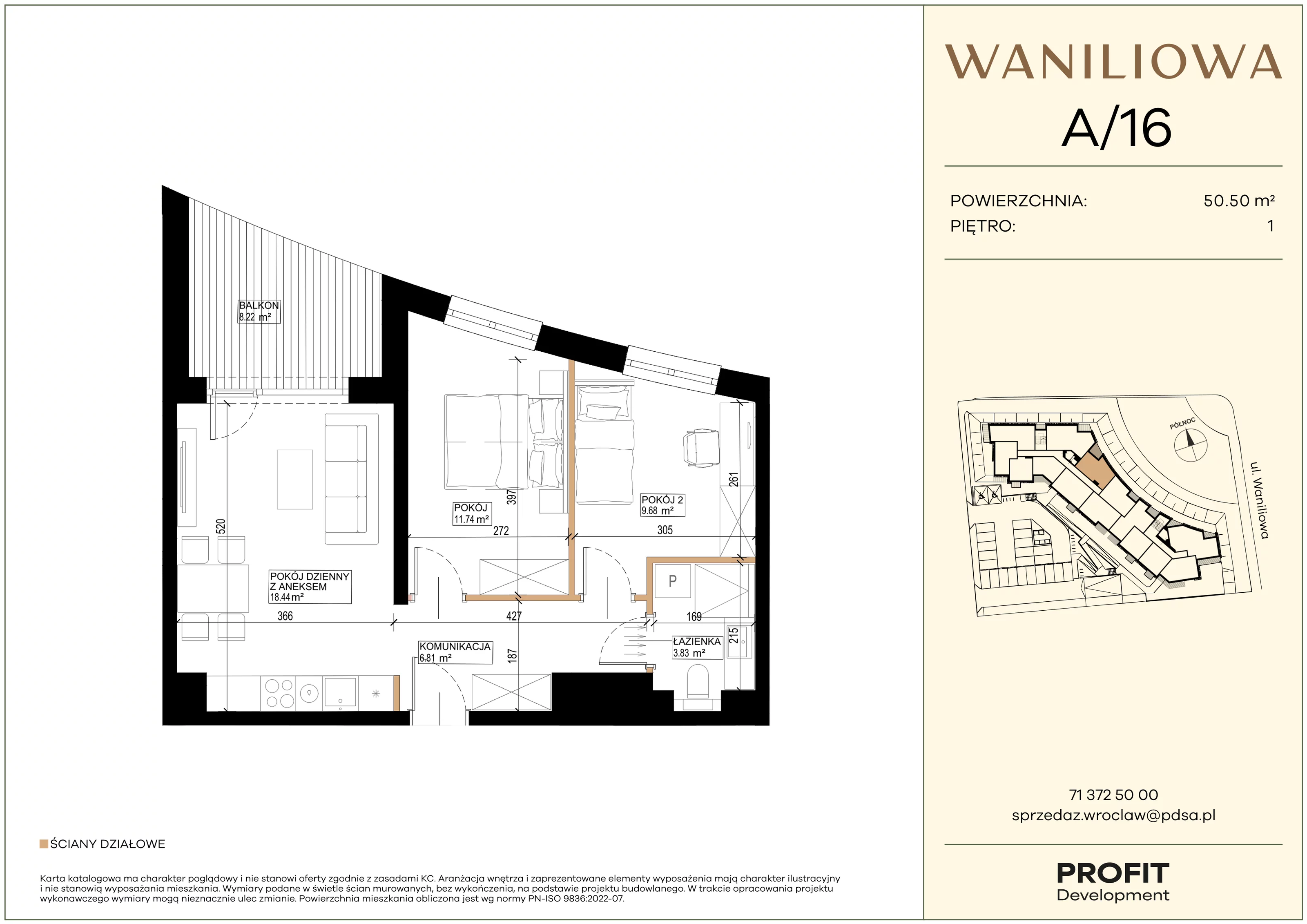3 pokoje, mieszkanie 50,50 m², piętro 1, oferta nr WA2/A/16, Waniliowa, Wrocław, Lipa Piotrowska, Psie Pole, ul. Waniliowa
