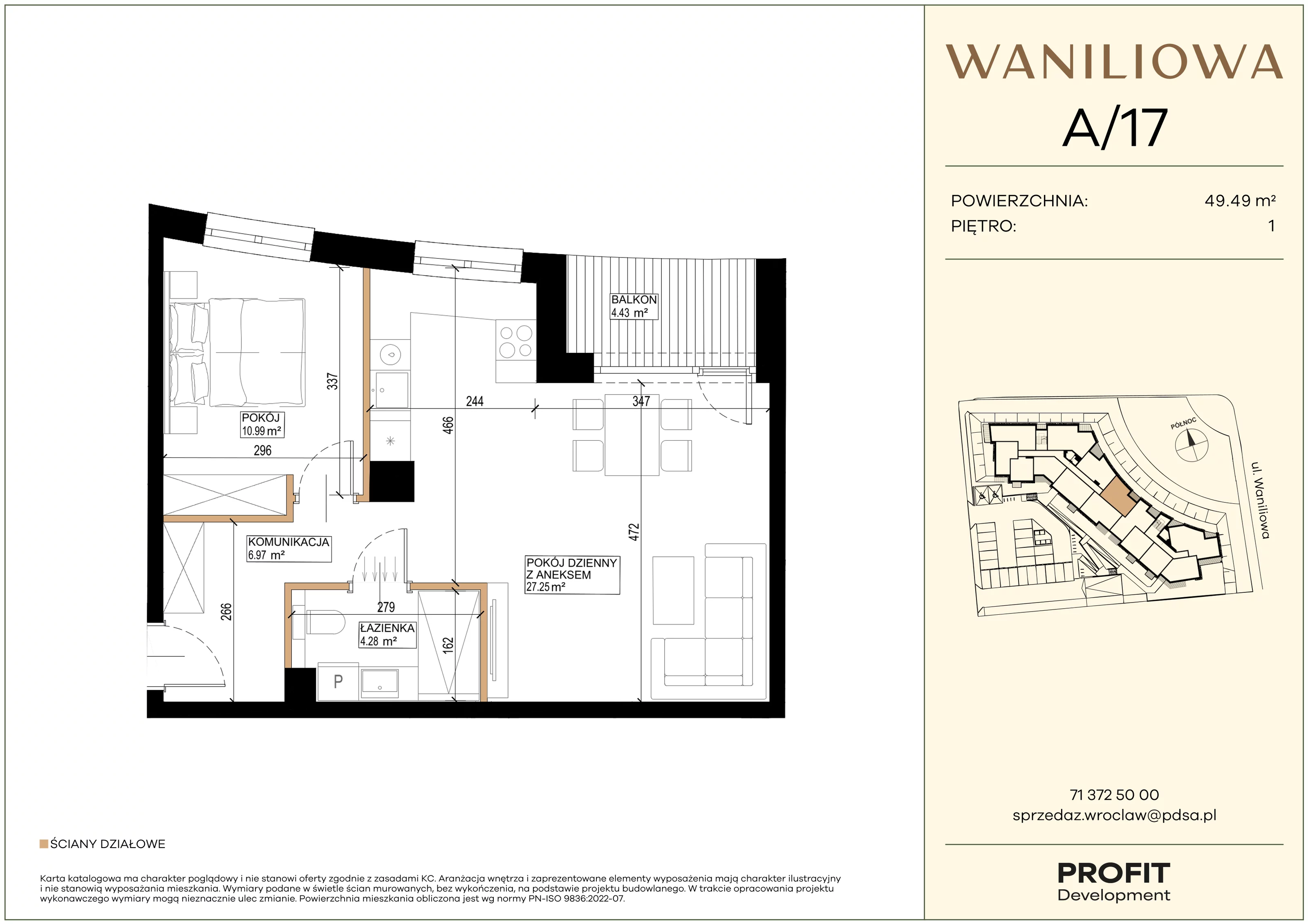 2 pokoje, mieszkanie 49,49 m², piętro 1, oferta nr WA2/A/17, Waniliowa, Wrocław, Lipa Piotrowska, Psie Pole, ul. Waniliowa