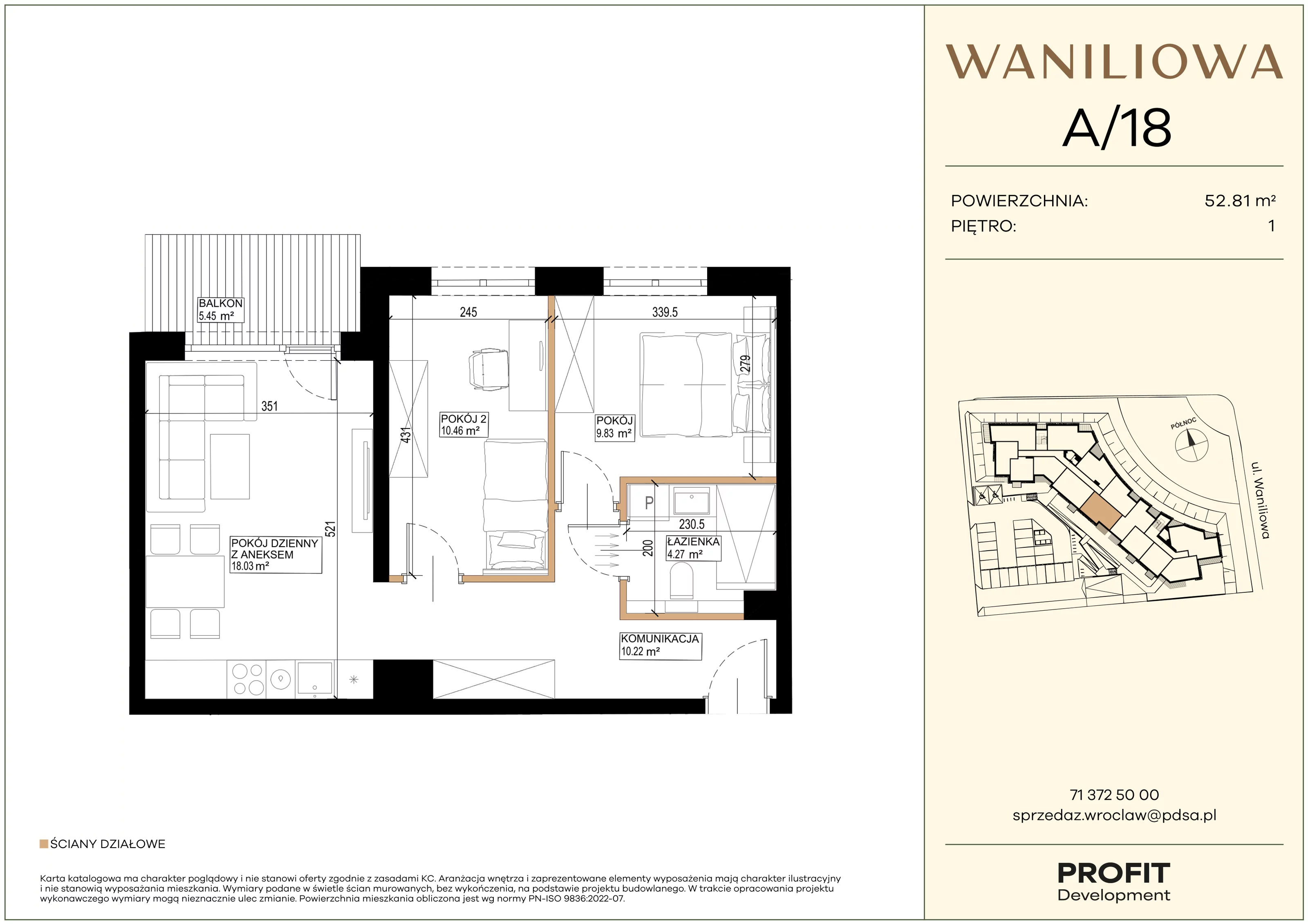 3 pokoje, mieszkanie 52,81 m², piętro 1, oferta nr WA2/A/18, Waniliowa, Wrocław, Lipa Piotrowska, Psie Pole, ul. Waniliowa