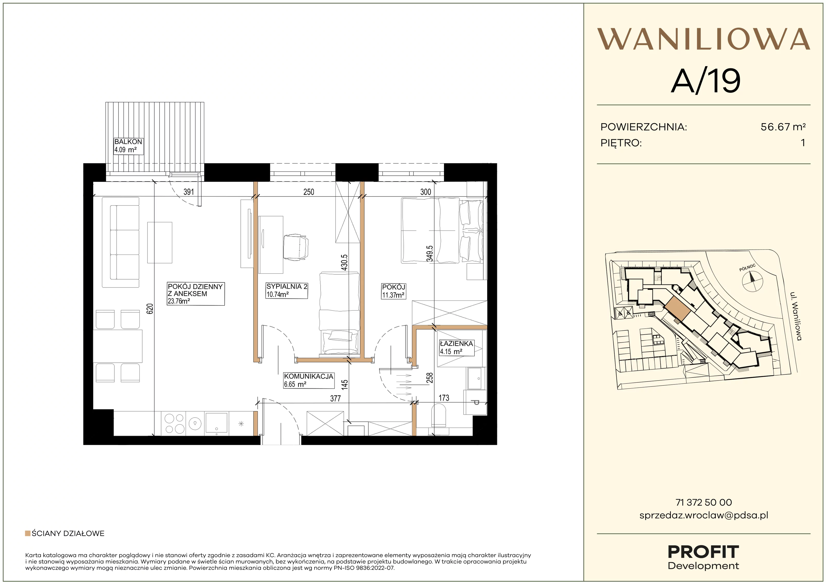 3 pokoje, mieszkanie 56,67 m², piętro 1, oferta nr WA2/A/19, Waniliowa, Wrocław, Lipa Piotrowska, Psie Pole, ul. Waniliowa