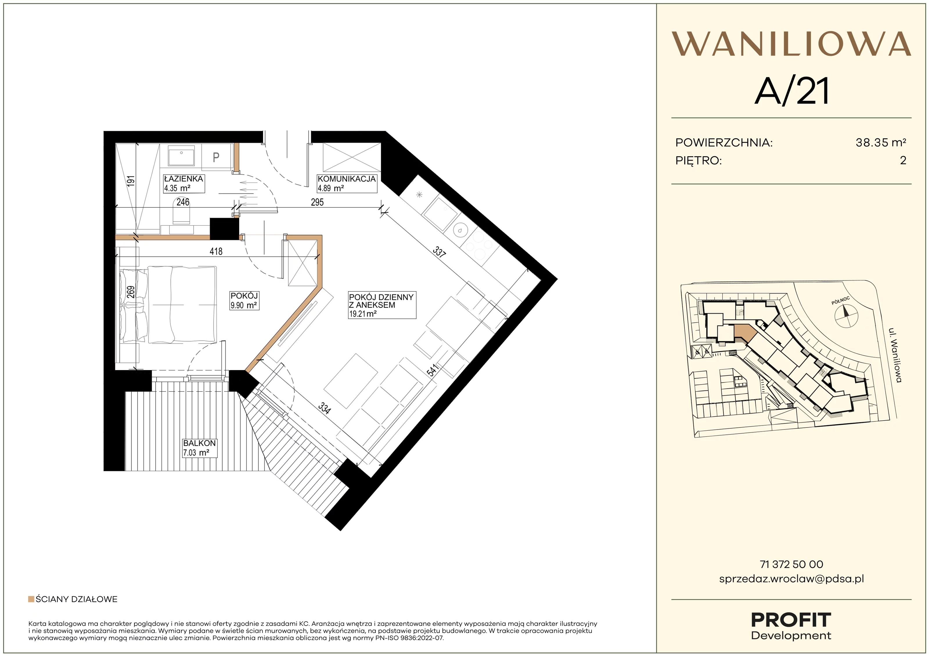 2 pokoje, mieszkanie 38,35 m², piętro 2, oferta nr WA2/A/21, Waniliowa, Wrocław, Lipa Piotrowska, Psie Pole, ul. Waniliowa