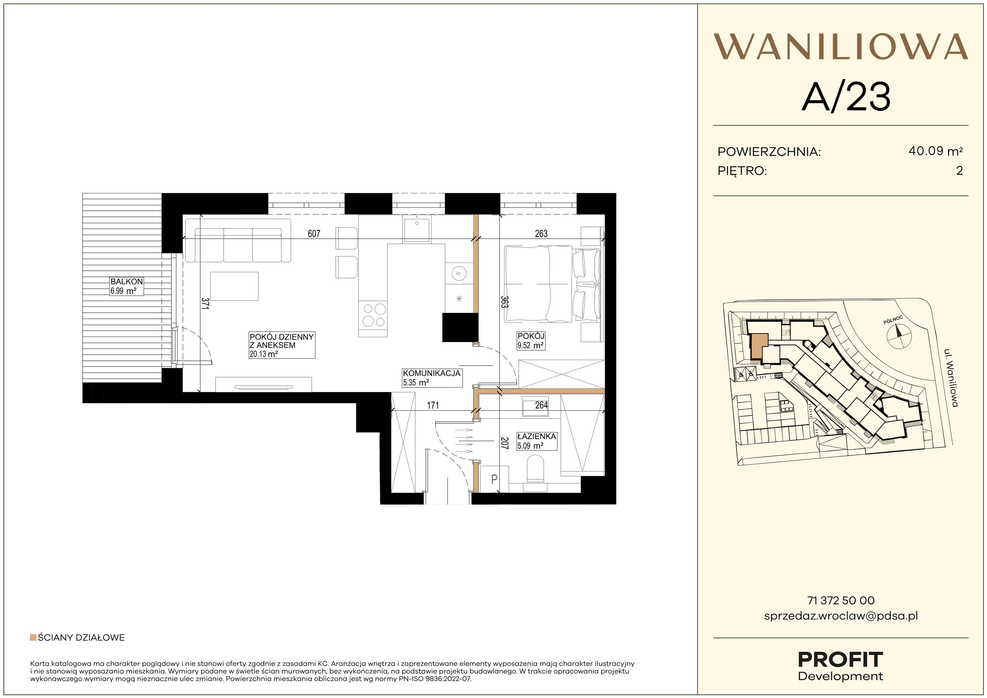 2 pokoje, mieszkanie 40,09 m², piętro 2, oferta nr WA2/A/23, Waniliowa, Wrocław, Lipa Piotrowska, Psie Pole, ul. Waniliowa