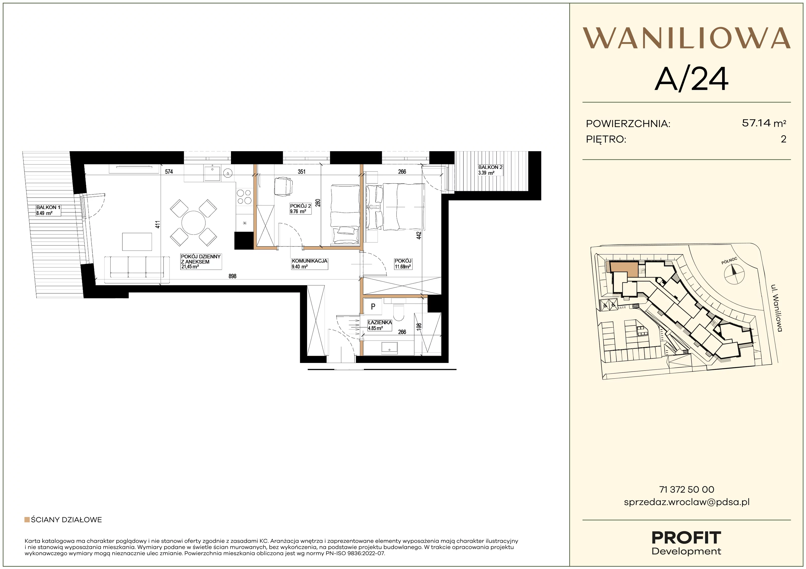 3 pokoje, mieszkanie 57,14 m², piętro 2, oferta nr WA2/A/24, Waniliowa, Wrocław, Lipa Piotrowska, Psie Pole, ul. Waniliowa
