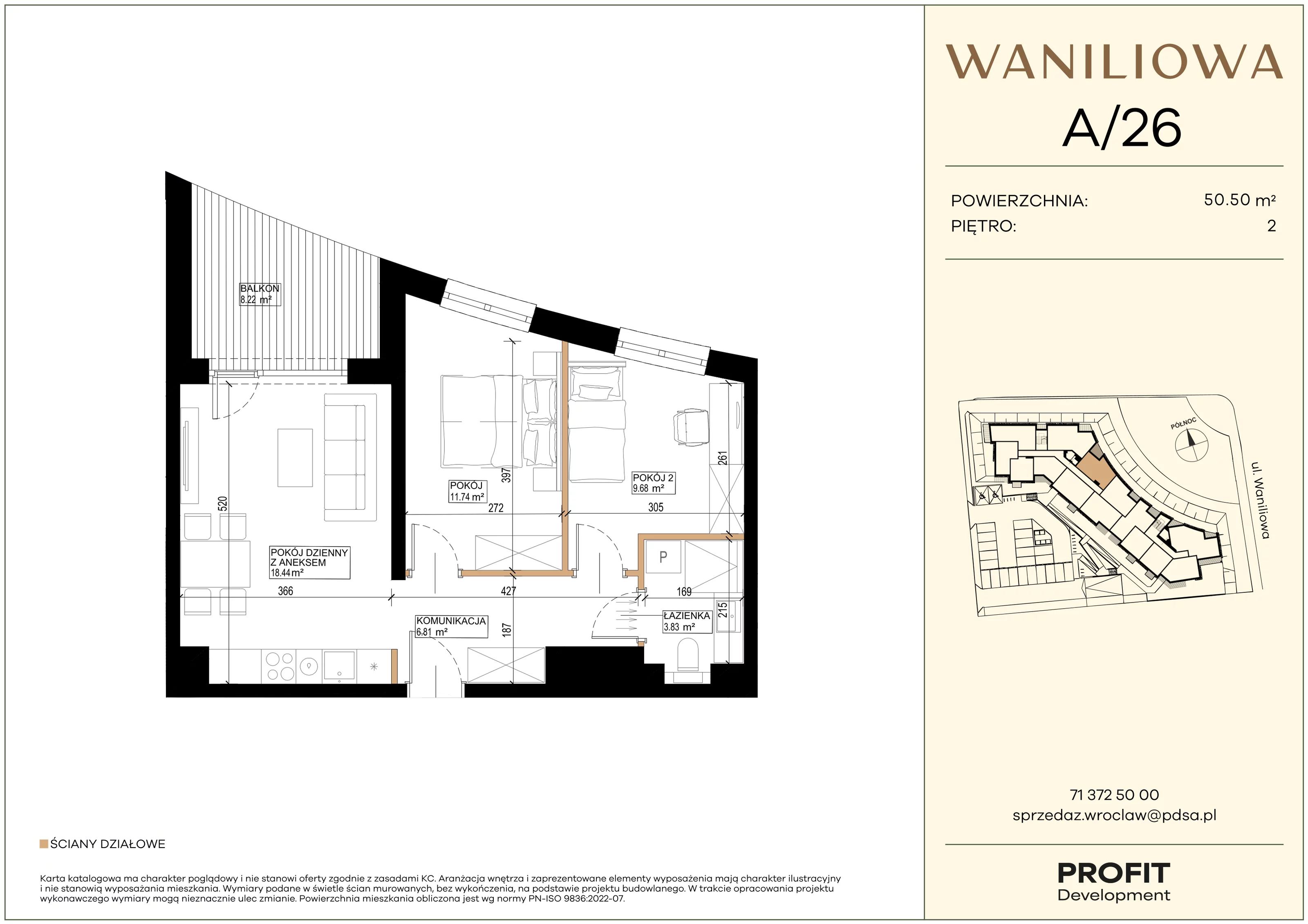3 pokoje, mieszkanie 50,50 m², piętro 2, oferta nr WA2/A/26, Waniliowa, Wrocław, Lipa Piotrowska, Psie Pole, ul. Waniliowa