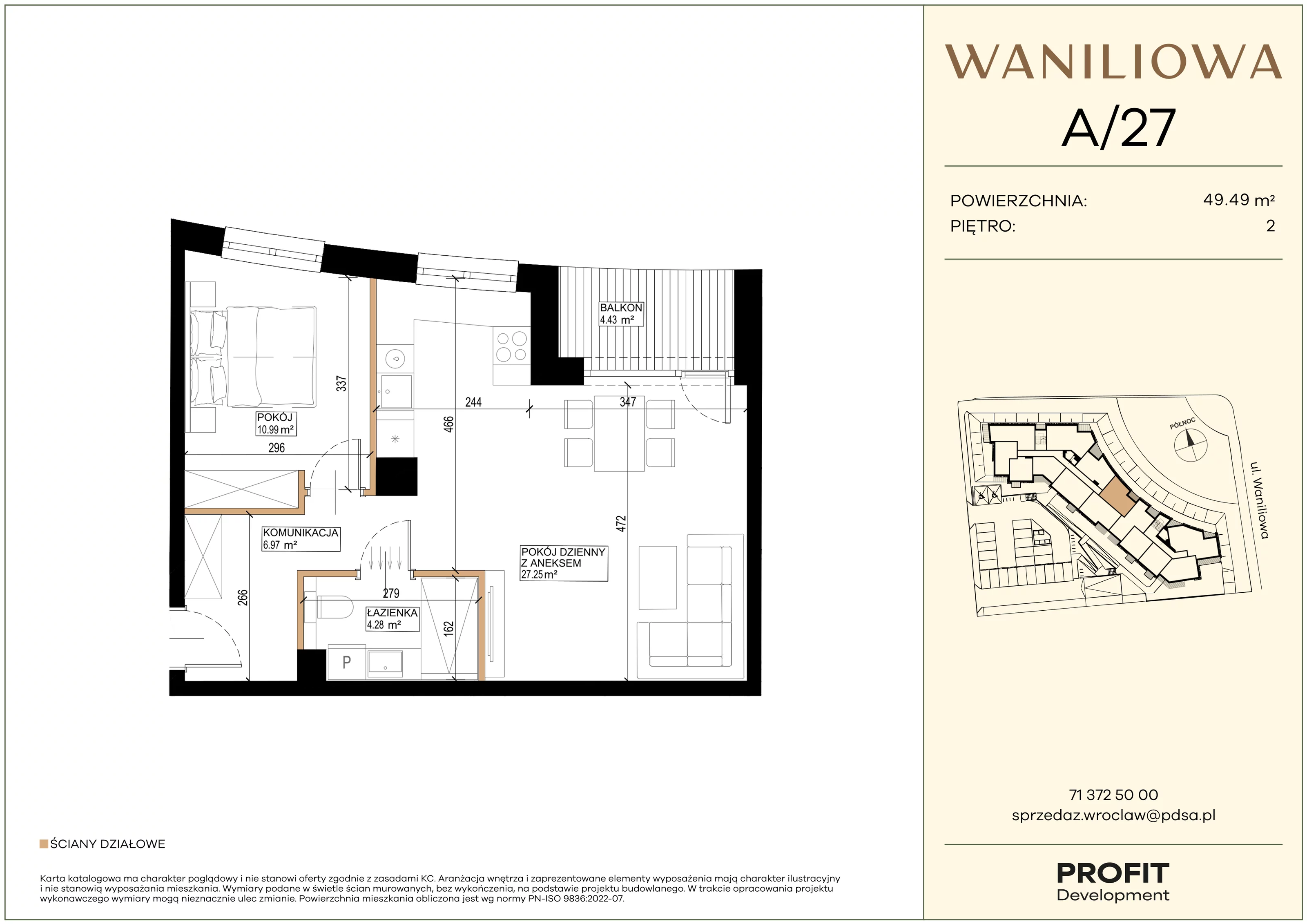 2 pokoje, mieszkanie 49,49 m², piętro 2, oferta nr WA2/A/27, Waniliowa, Wrocław, Lipa Piotrowska, Psie Pole, ul. Waniliowa