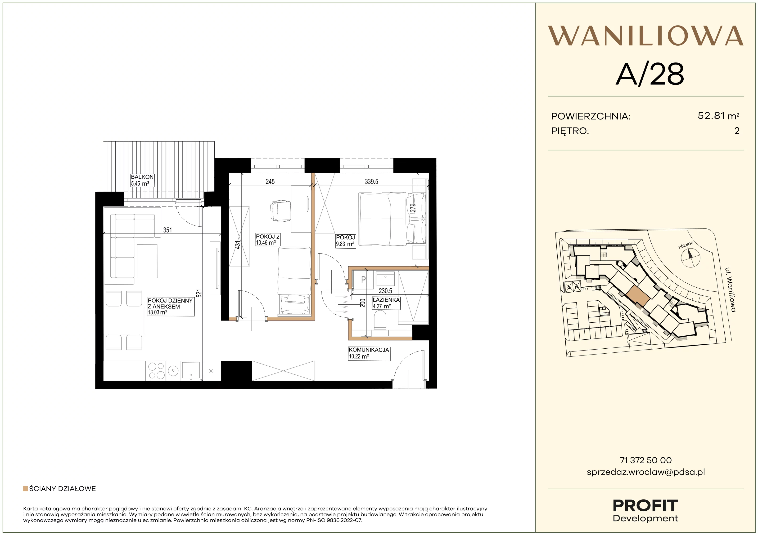 3 pokoje, mieszkanie 52,81 m², piętro 2, oferta nr WA2/A/28, Waniliowa, Wrocław, Lipa Piotrowska, Psie Pole, ul. Waniliowa