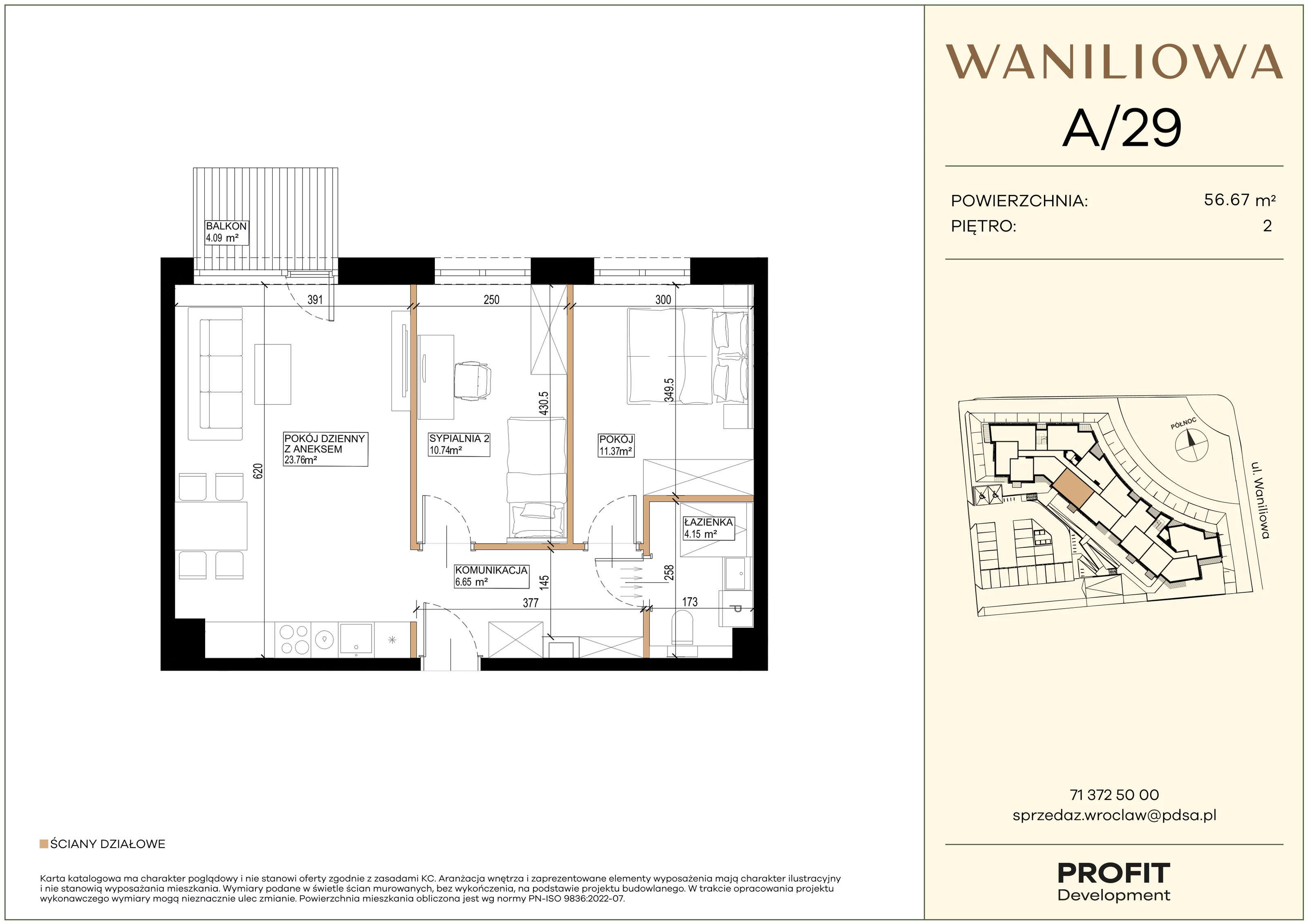 3 pokoje, mieszkanie 56,67 m², piętro 2, oferta nr WA2/A/29, Waniliowa, Wrocław, Lipa Piotrowska, Psie Pole, ul. Waniliowa
