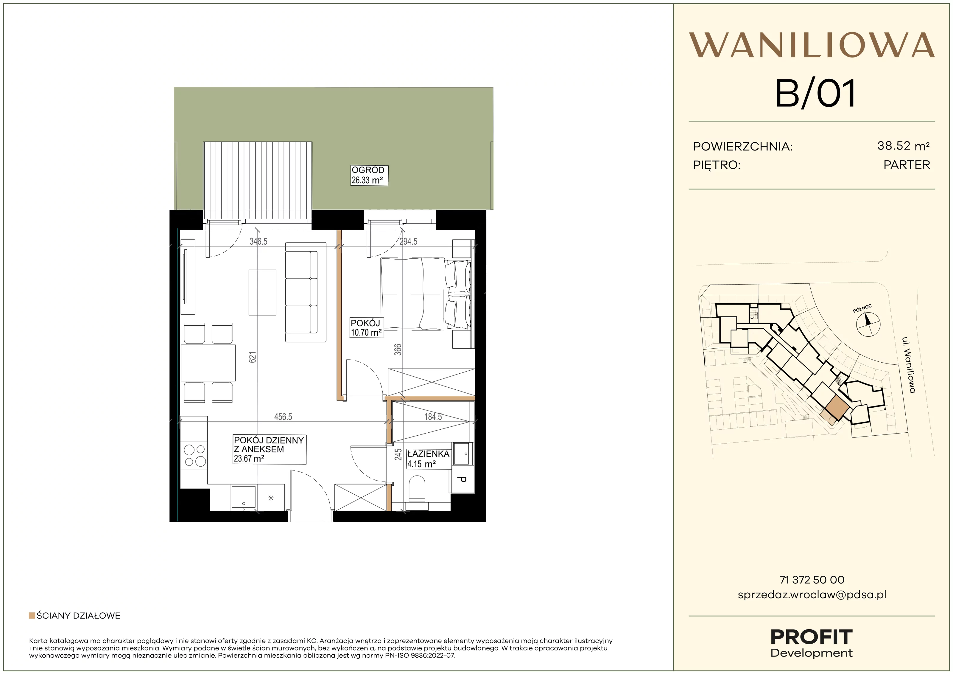 2 pokoje, mieszkanie 38,52 m², parter, oferta nr WA2/B/01, Waniliowa, Wrocław, Lipa Piotrowska, Psie Pole, ul. Waniliowa