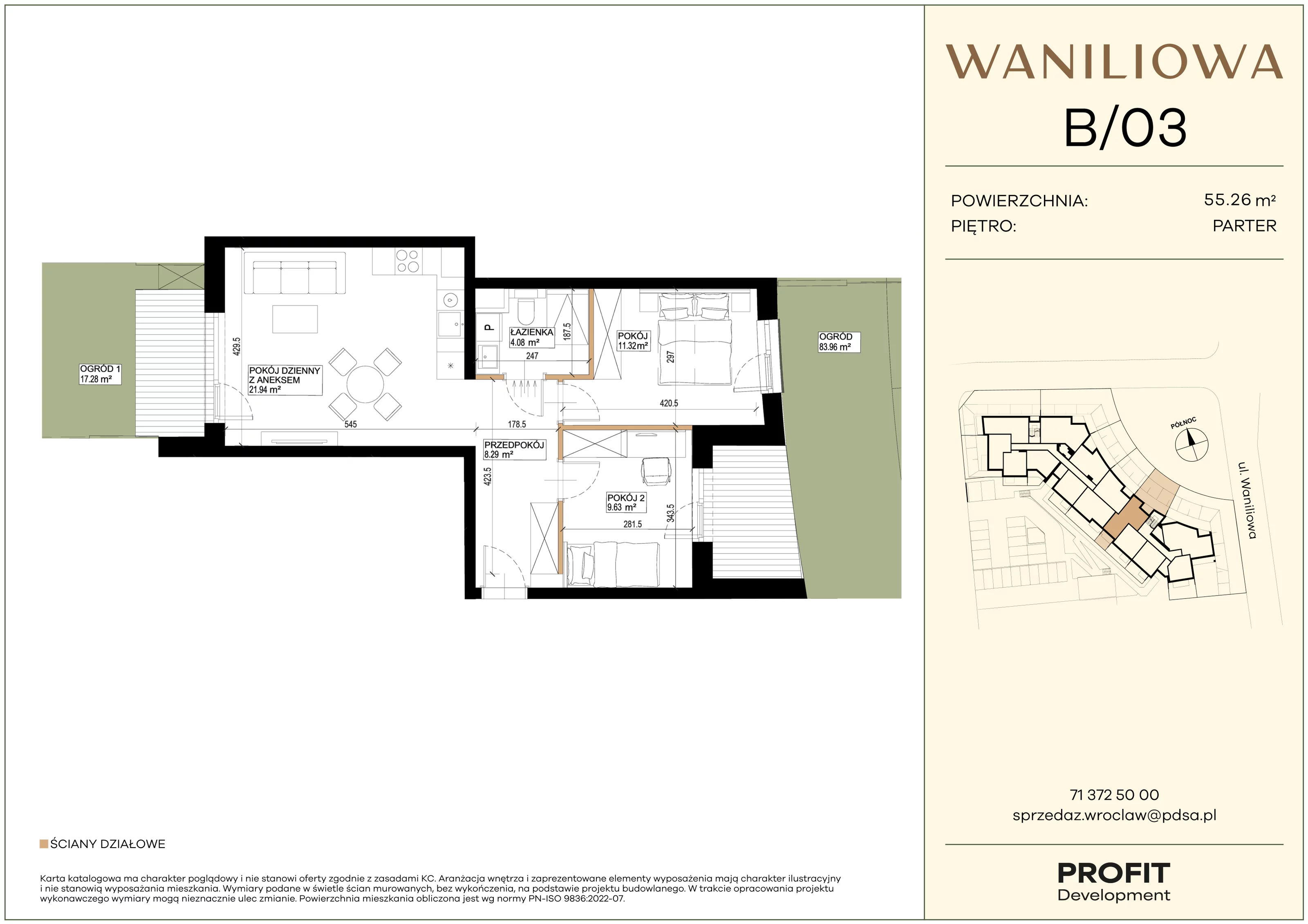 3 pokoje, mieszkanie 55,26 m², parter, oferta nr WA2/B/03, Waniliowa, Wrocław, Lipa Piotrowska, Psie Pole, ul. Waniliowa