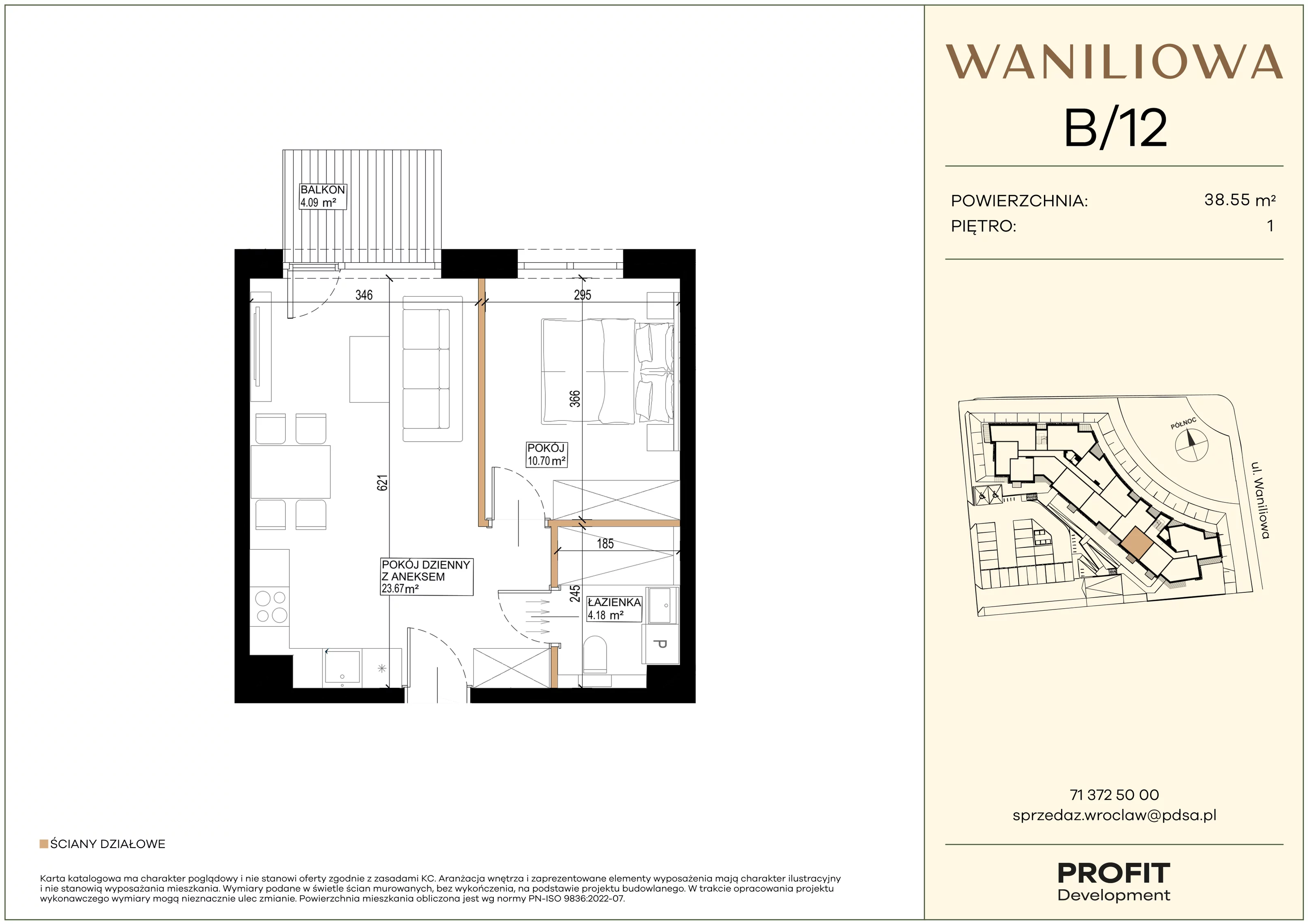 2 pokoje, mieszkanie 38,55 m², piętro 1, oferta nr WA2/B/12, Waniliowa, Wrocław, Lipa Piotrowska, Psie Pole, ul. Waniliowa