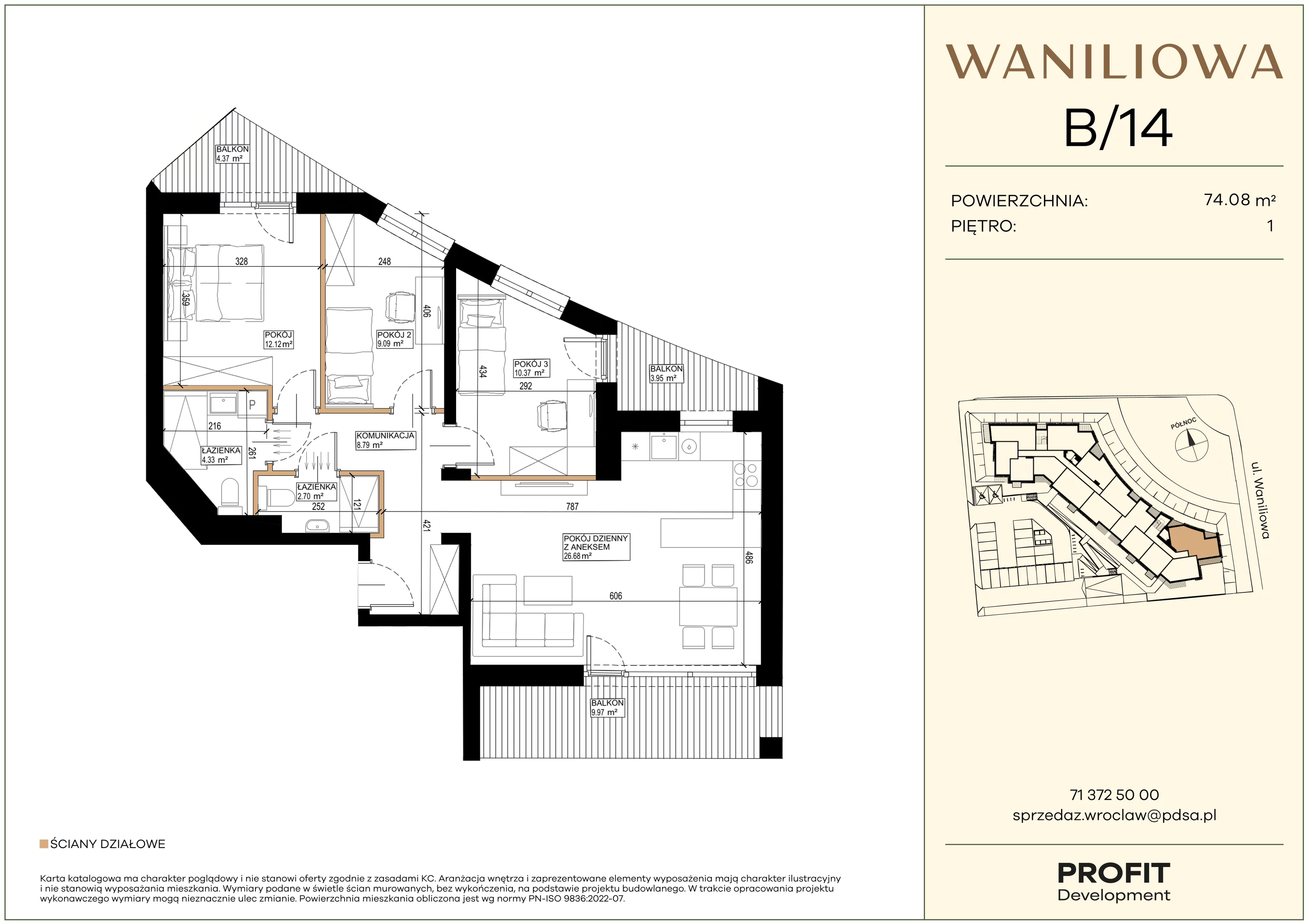 4 pokoje, mieszkanie 74,08 m², piętro 1, oferta nr WA2/B/14, Waniliowa, Wrocław, Lipa Piotrowska, Psie Pole, ul. Waniliowa