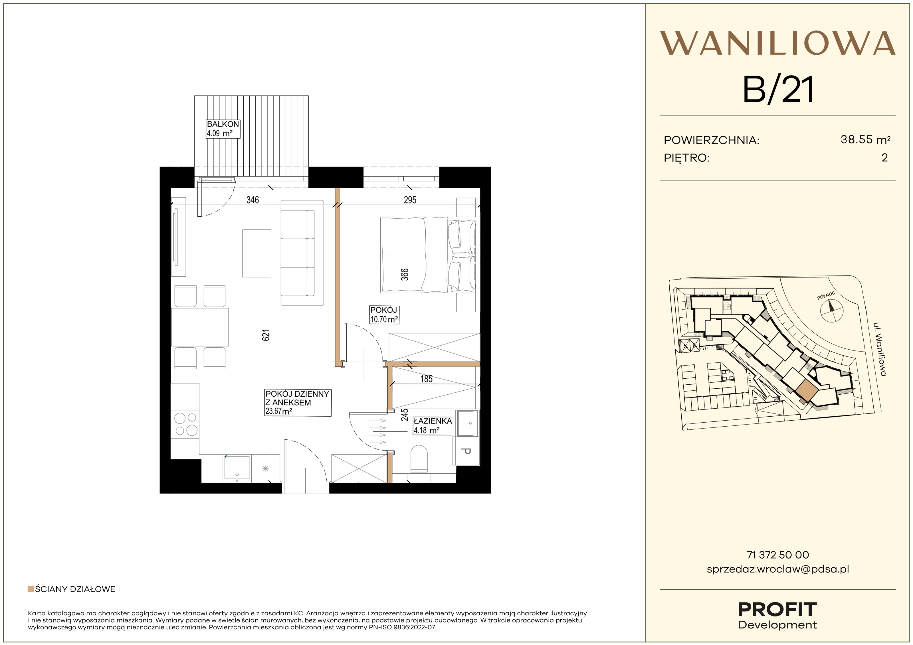 2 pokoje, mieszkanie 38,55 m², piętro 2, oferta nr WA2/B/21, Waniliowa, Wrocław, Lipa Piotrowska, Psie Pole, ul. Waniliowa