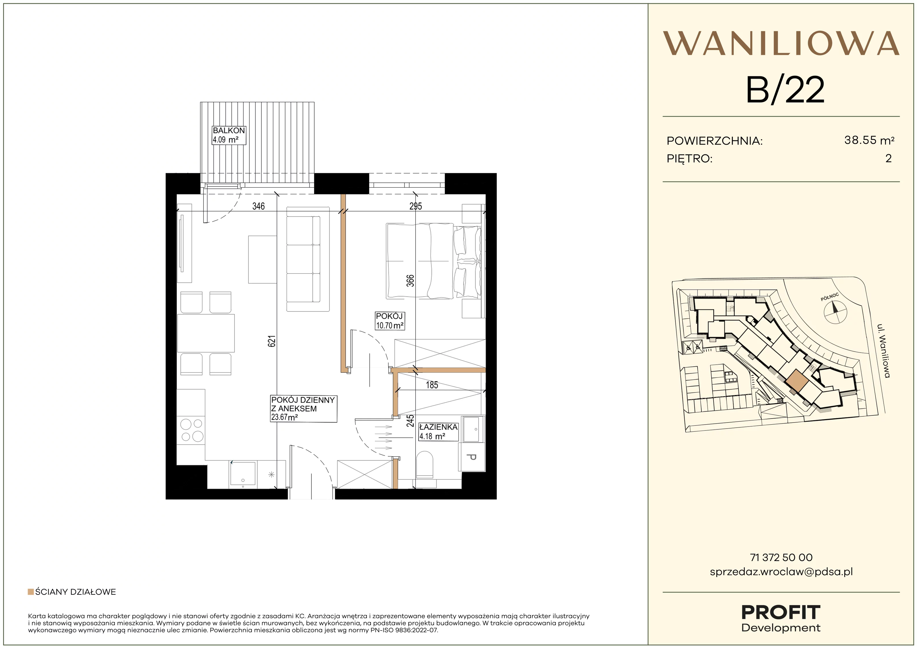 2 pokoje, mieszkanie 38,55 m², piętro 2, oferta nr WA2/B/22, Waniliowa, Wrocław, Lipa Piotrowska, Psie Pole, ul. Waniliowa