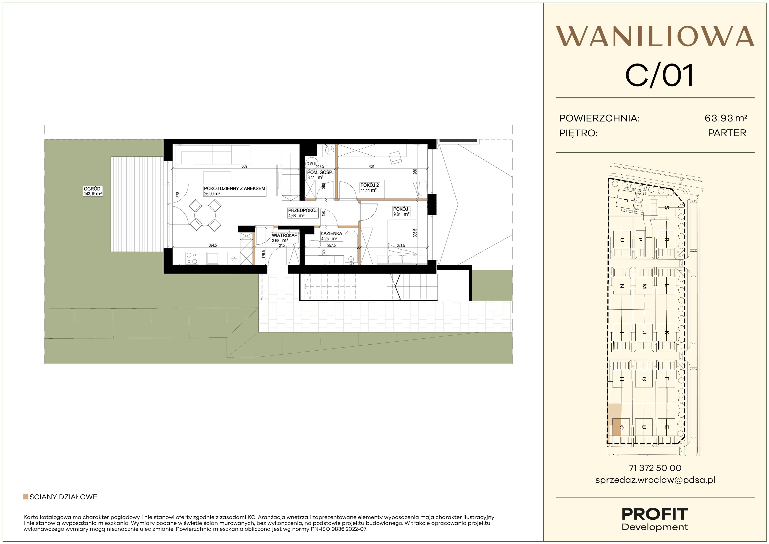 3 pokoje, mieszkanie 63,93 m², parter, oferta nr WA1/C/01, Waniliowa, Wrocław, Lipa Piotrowska, Psie Pole, ul. Waniliowa