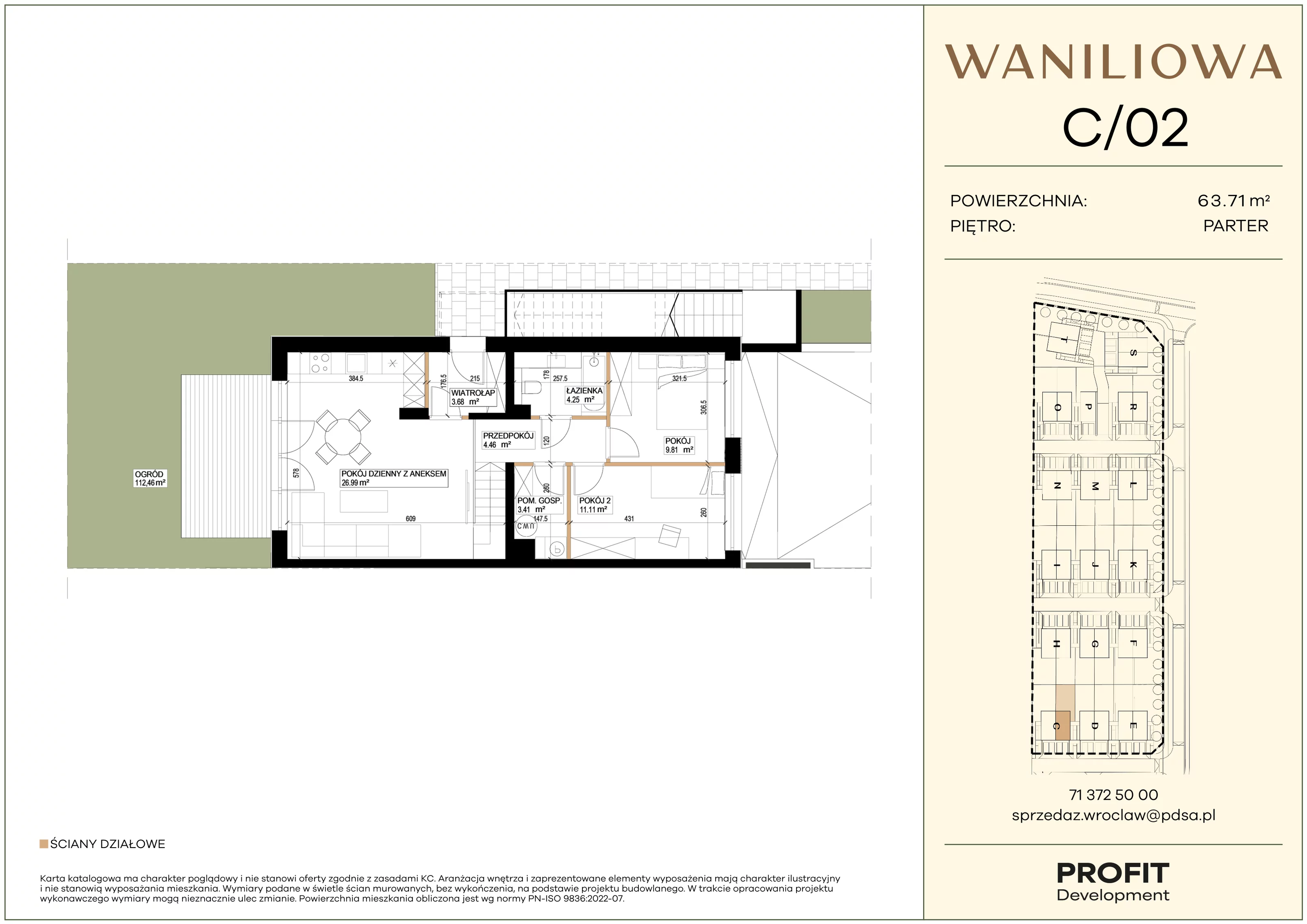 3 pokoje, mieszkanie 63,71 m², parter, oferta nr WA1/C/02, Waniliowa, Wrocław, Lipa Piotrowska, Psie Pole, ul. Waniliowa