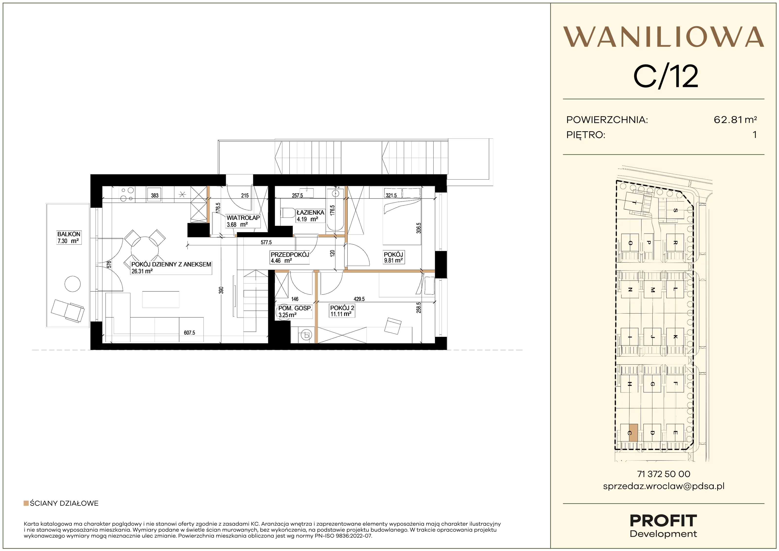 3 pokoje, mieszkanie 62,81 m², piętro 1, oferta nr WA1/C/12, Waniliowa, Wrocław, Lipa Piotrowska, Psie Pole, ul. Waniliowa