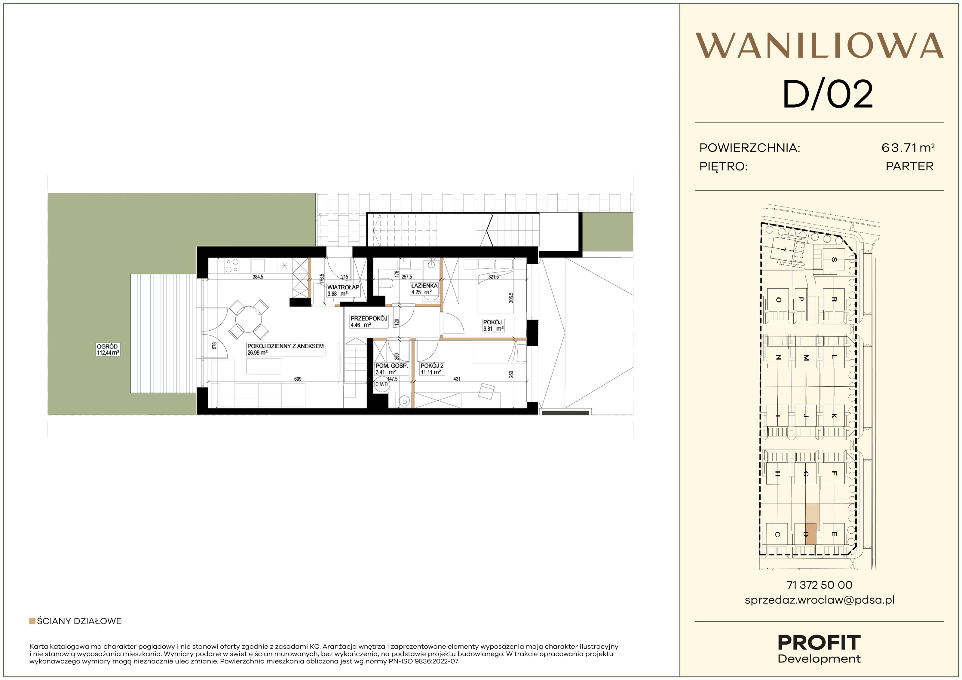 3 pokoje, mieszkanie 63,71 m², parter, oferta nr WA1/D/02, Waniliowa, Wrocław, Lipa Piotrowska, Psie Pole, ul. Waniliowa