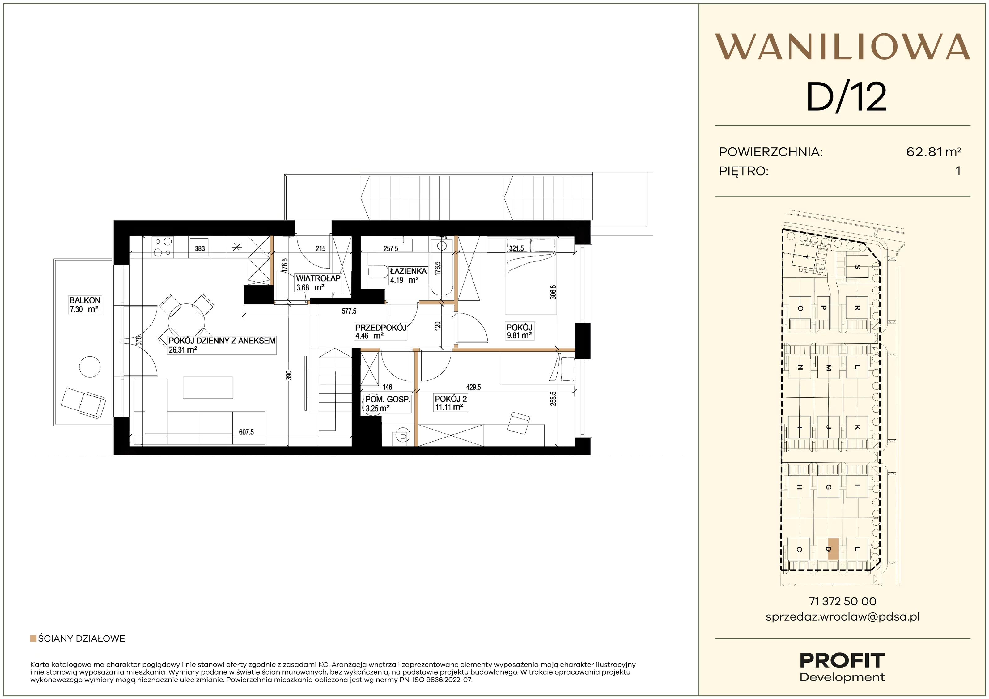 3 pokoje, mieszkanie 62,81 m², piętro 1, oferta nr WA1/D/12, Waniliowa, Wrocław, Lipa Piotrowska, Psie Pole, ul. Waniliowa