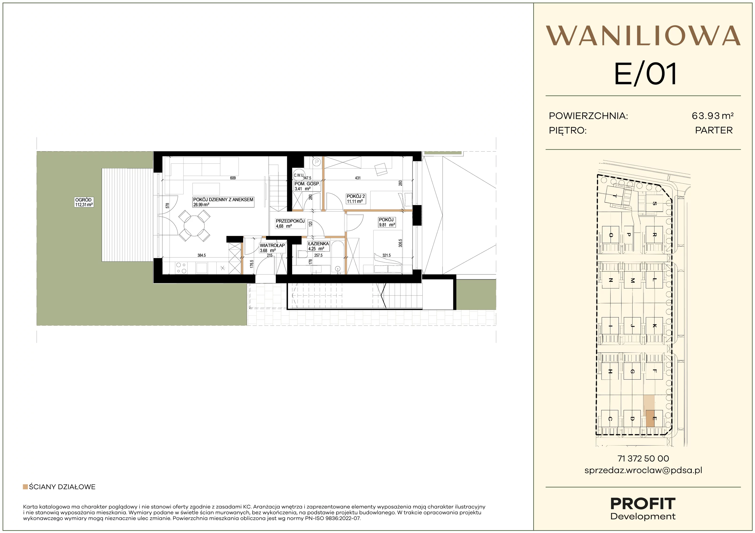 3 pokoje, mieszkanie 63,93 m², parter, oferta nr WA1/E/01, Waniliowa, Wrocław, Lipa Piotrowska, Psie Pole, ul. Waniliowa