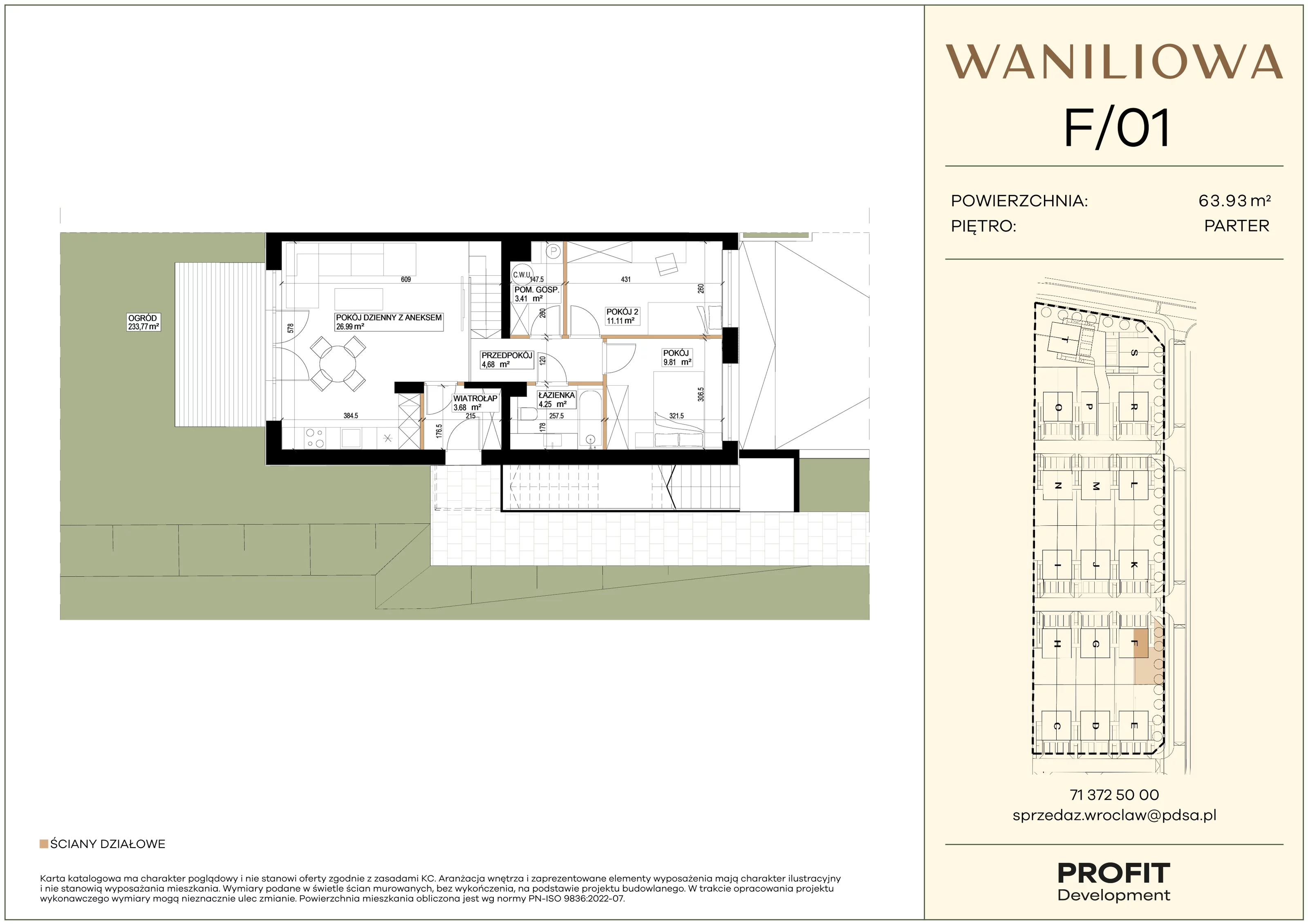 3 pokoje, mieszkanie 63,93 m², parter, oferta nr WA1/F/01, Waniliowa, Wrocław, Lipa Piotrowska, Psie Pole, ul. Waniliowa