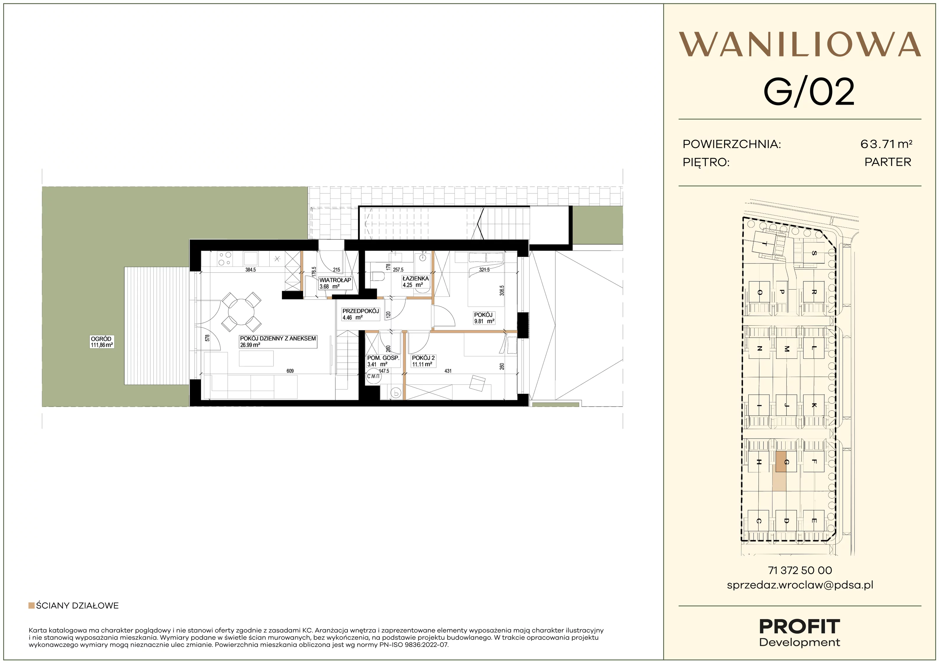 3 pokoje, mieszkanie 63,71 m², parter, oferta nr WA1/G/02, Waniliowa, Wrocław, Lipa Piotrowska, Psie Pole, ul. Waniliowa