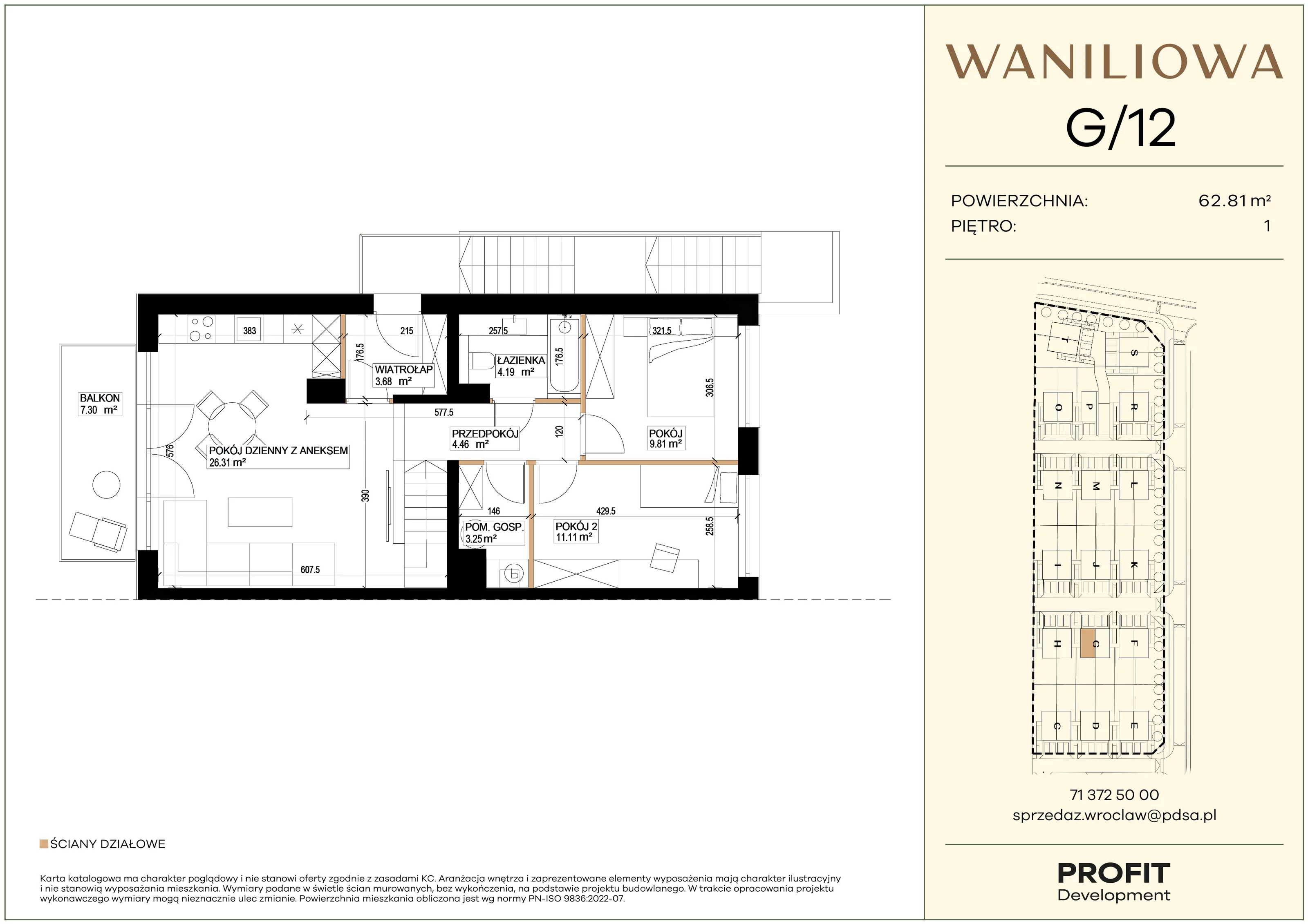 3 pokoje, mieszkanie 62,81 m², piętro 1, oferta nr WA1/G/12, Waniliowa, Wrocław, Lipa Piotrowska, Psie Pole, ul. Waniliowa